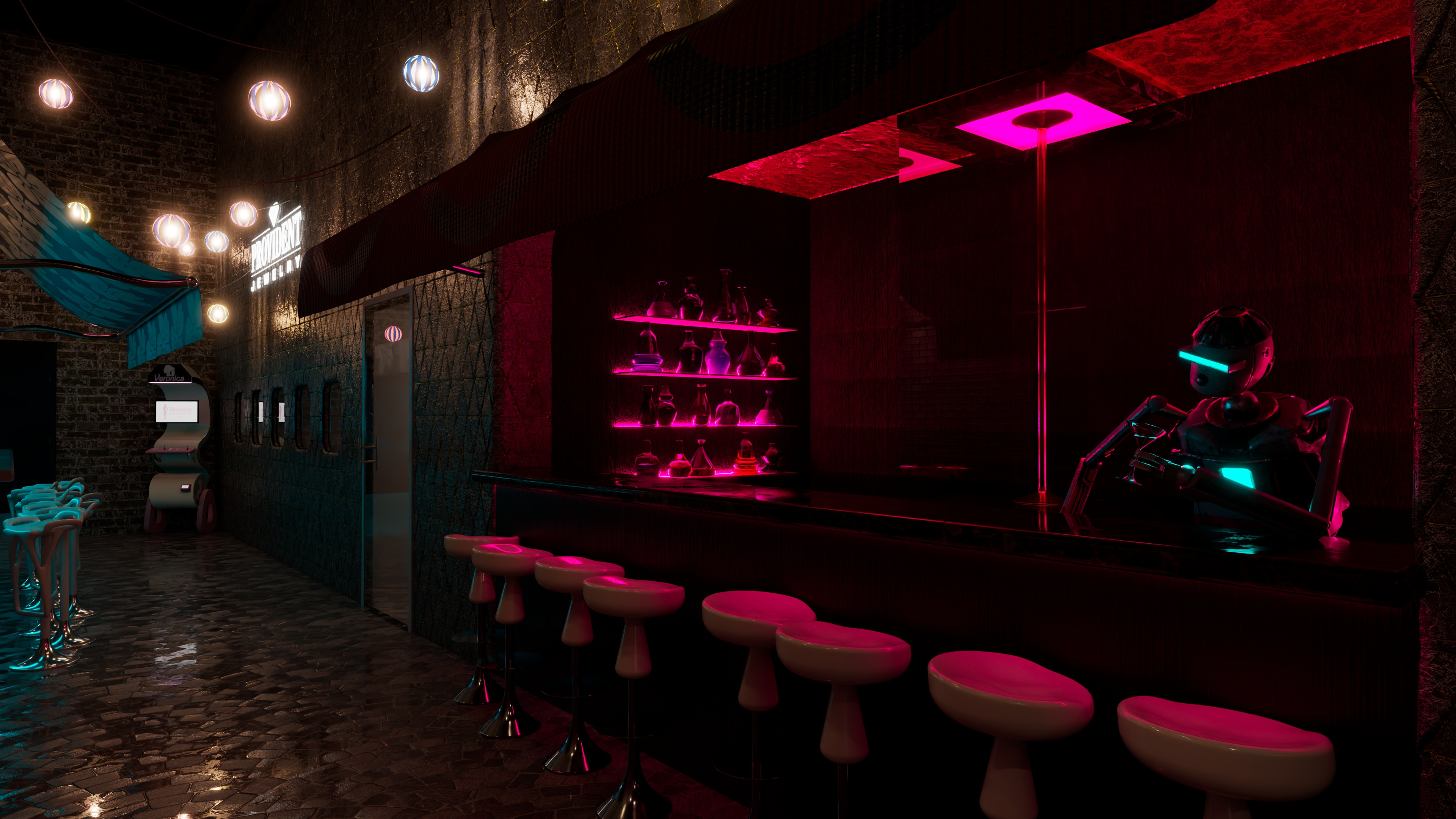 "The Red Light Bar," featuring a robot drinking a martini. The robot matches the vibe of the bar as he's just chilling over a dirty bar.