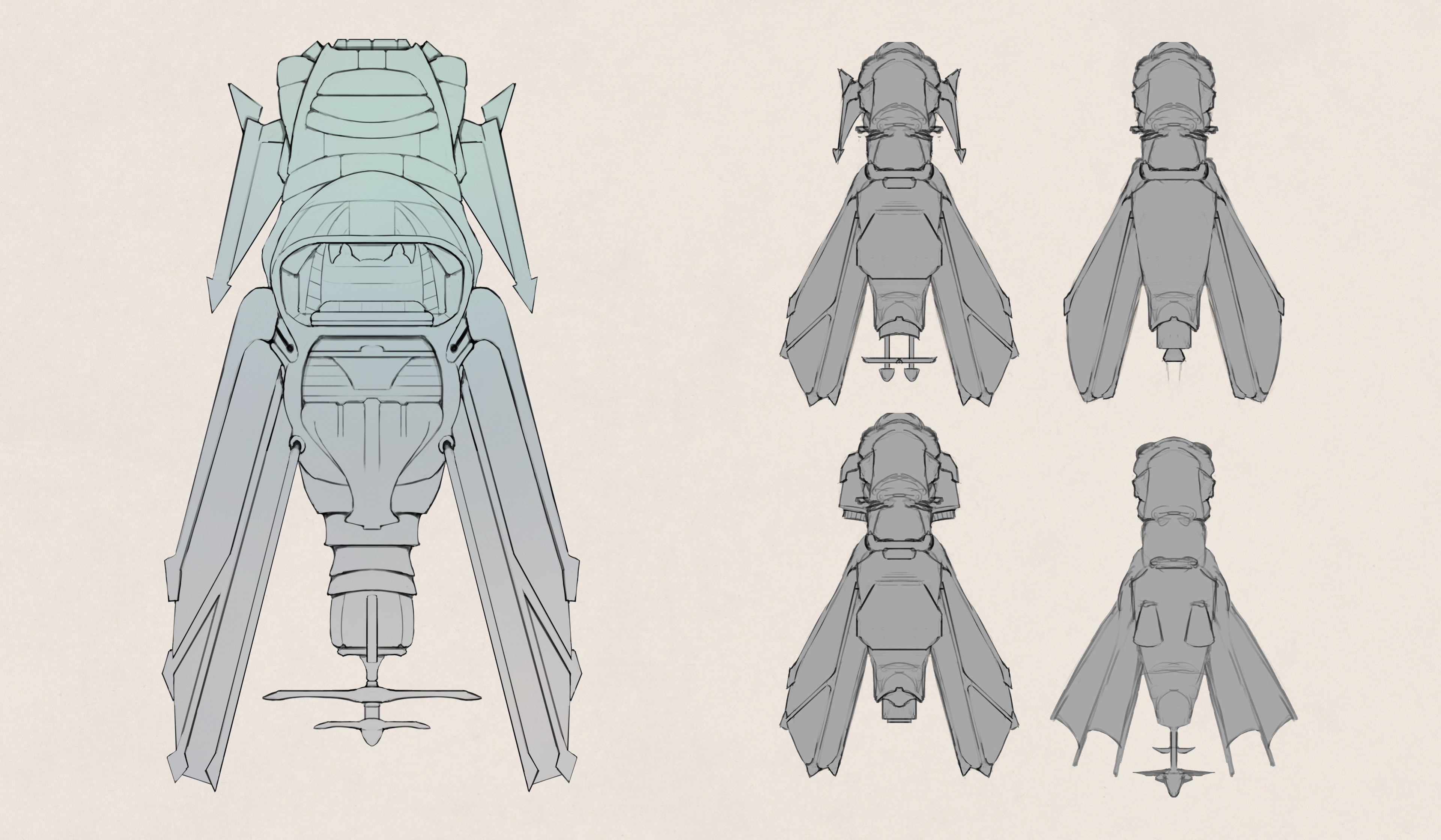 Top views and initial shape and wing plans.