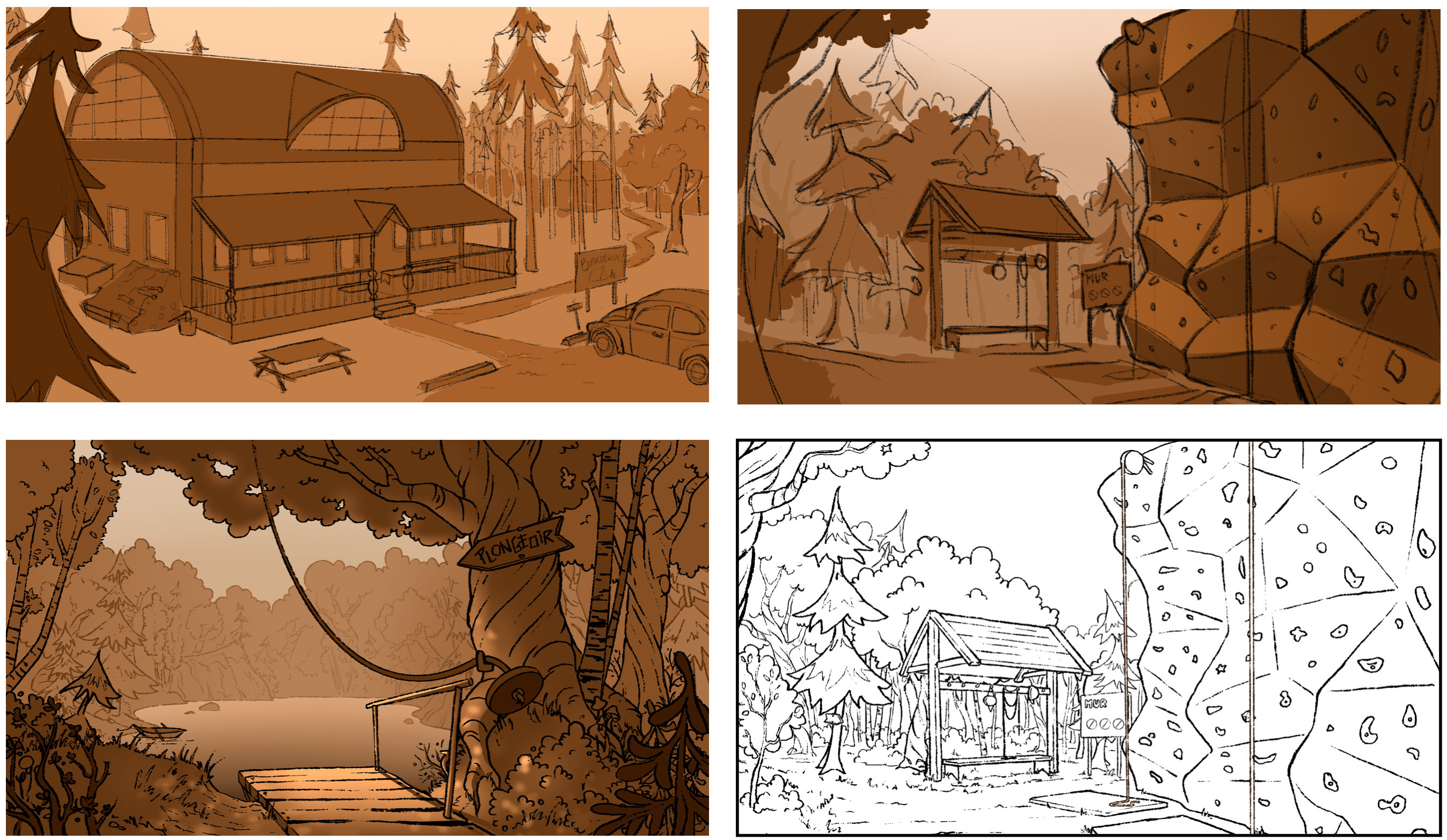 Main Hall, climbing wall and diving board sketches & Lineart
