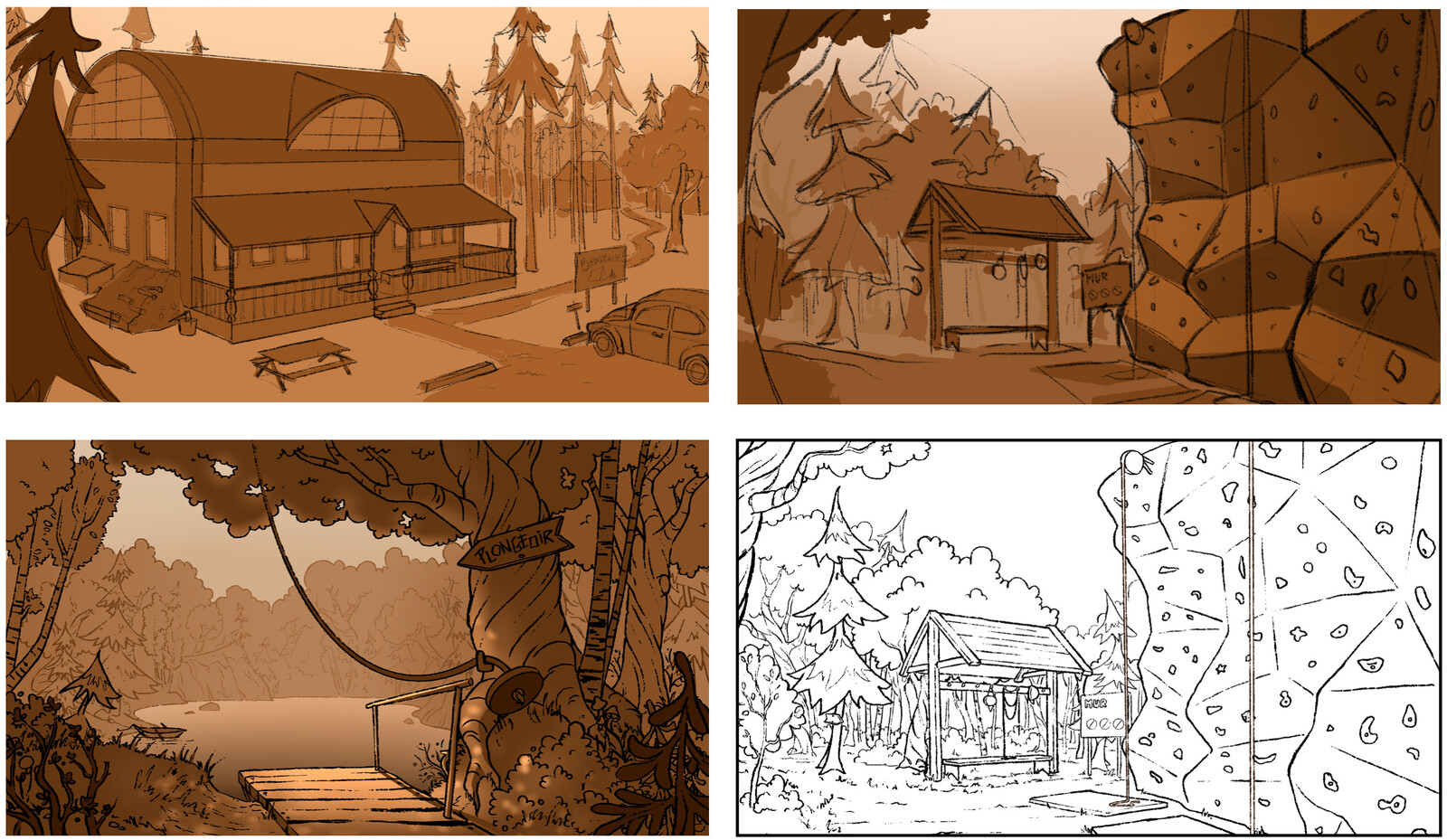 Main Hall, climbing wall and diving board sketches & Lineart