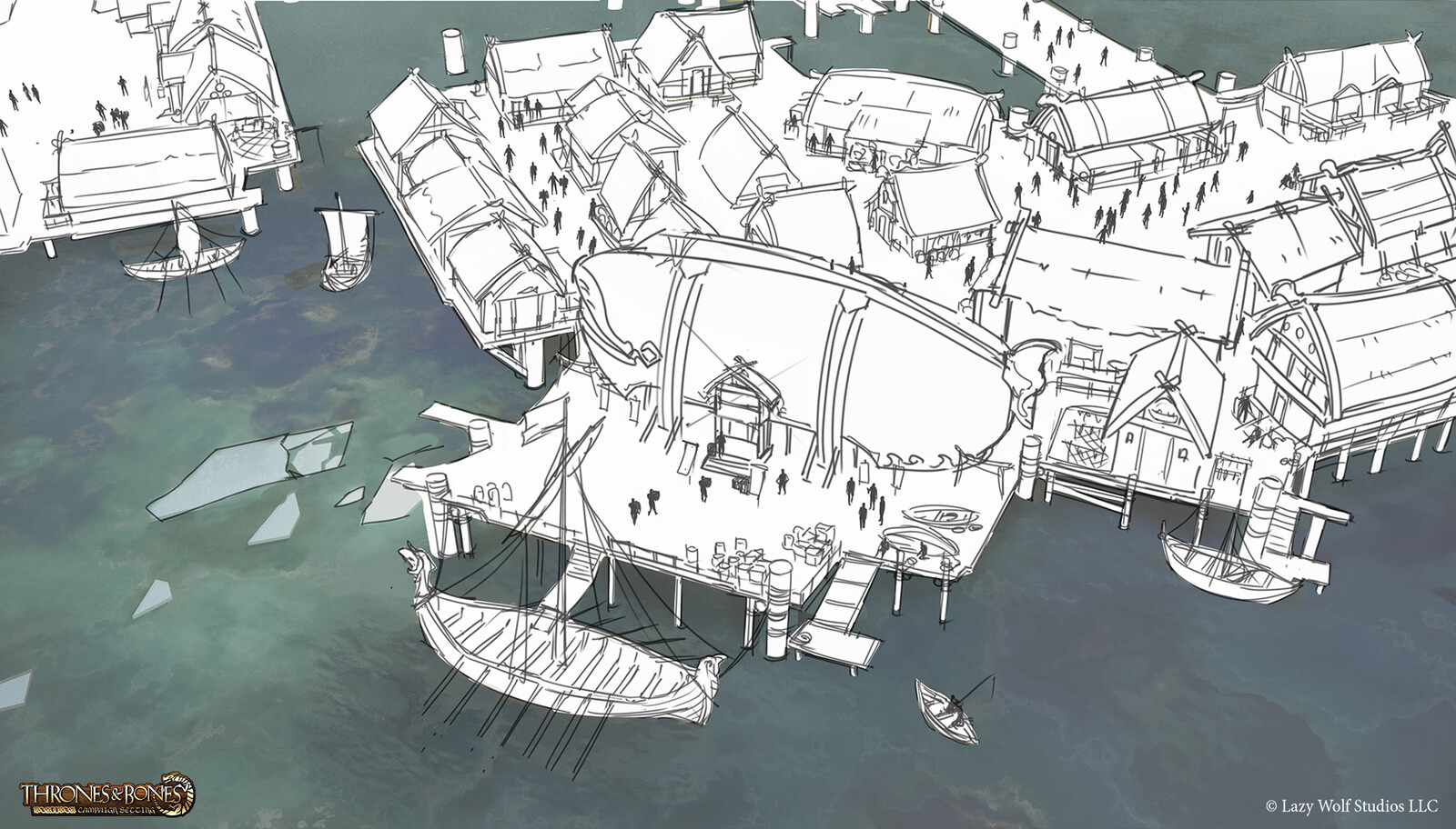 3. Sketch or design pass. I did the shape language for the temple first and hen the rest of the city came easily and naturally. I added crowds and fishing props.