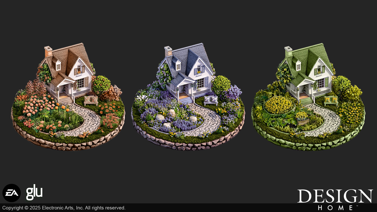 For the final stage of the Garden Rustic House, the purple version was created and defined by Art Director Eric Raymond. I produced the other two final-stage versions, each showcasing distinct gardens. 