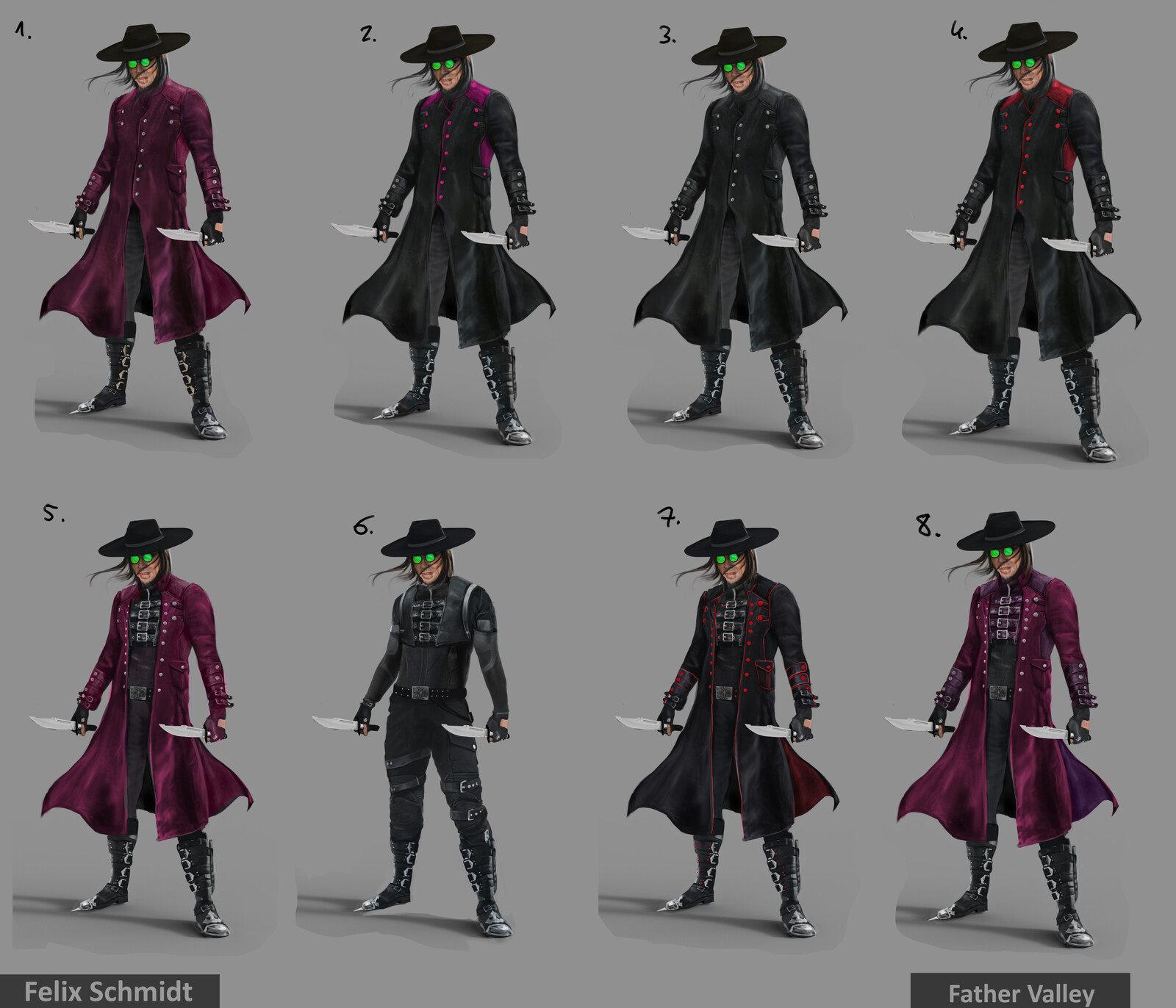 A few of my color tests. Did try other color palettes as well, though these had the most significance for the character or worked the best. I did look at a lot of cardinal and religious clothing to represent his character.