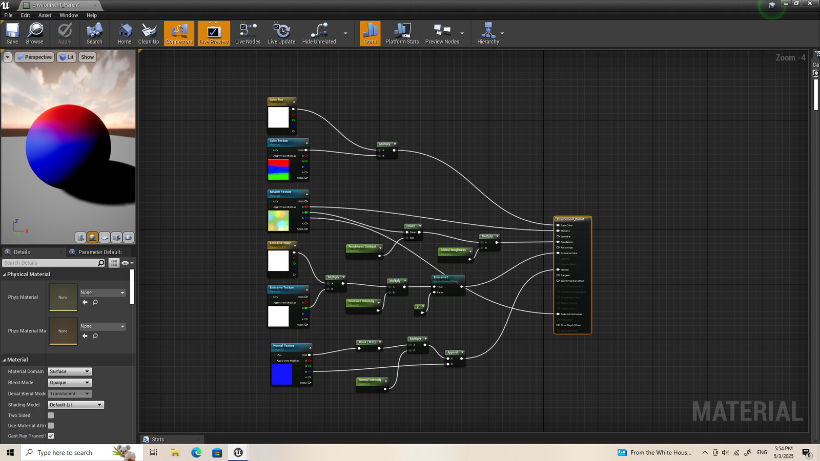 Master material created with shader graph. This master material integrates diffuse, normal, and compressed maps (such as roughness, metallic, and ambient occlusion) into a single, streamlined shader.