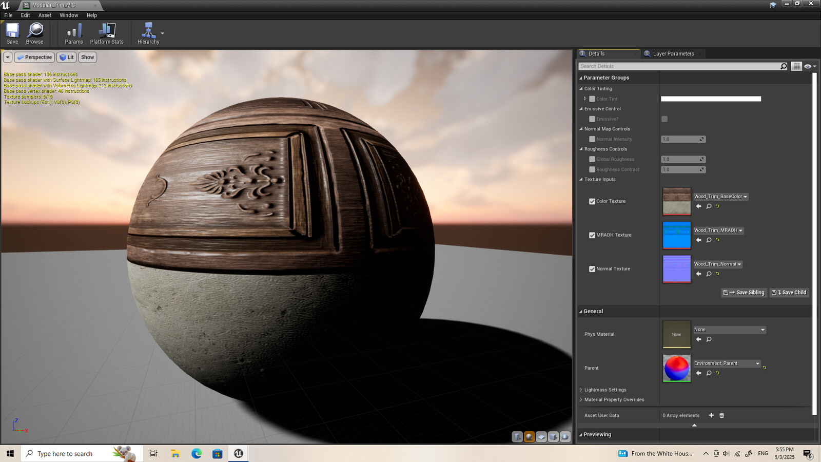 Tileable trim sheet material instanced from the master material.