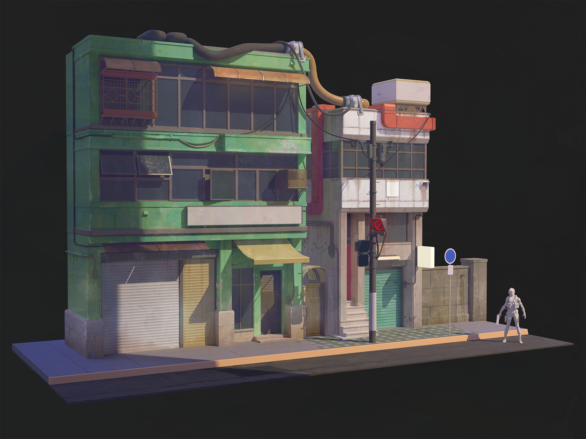 Early style test #2. A bit more anime here. We'd build facades like this to throw in Unreal and run around in.