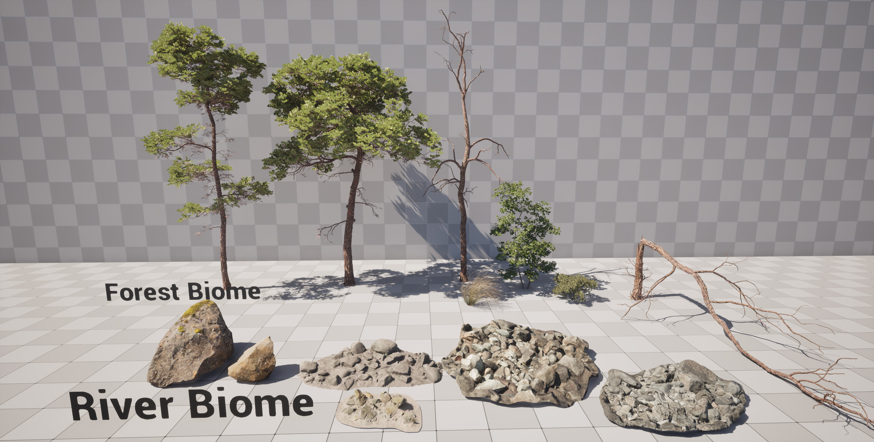 Based on my reference, I chose a small collection of assets for each biome.