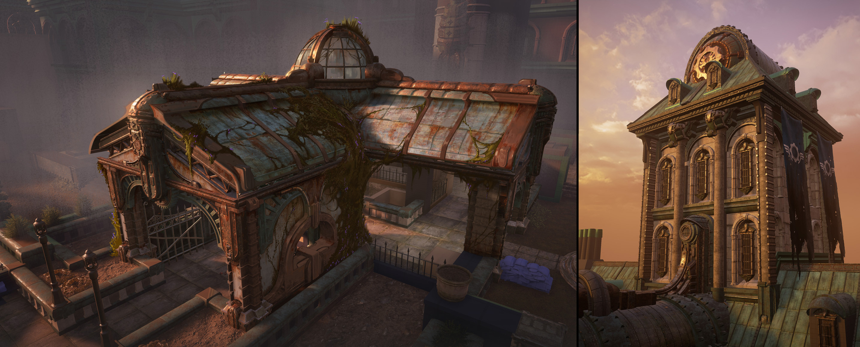 Once a library of props are built up it's super easy to design things in Unreal to get 80% there. On the left is an example of a paintover, and the right was distant enough geo that didn't require any paintover design.