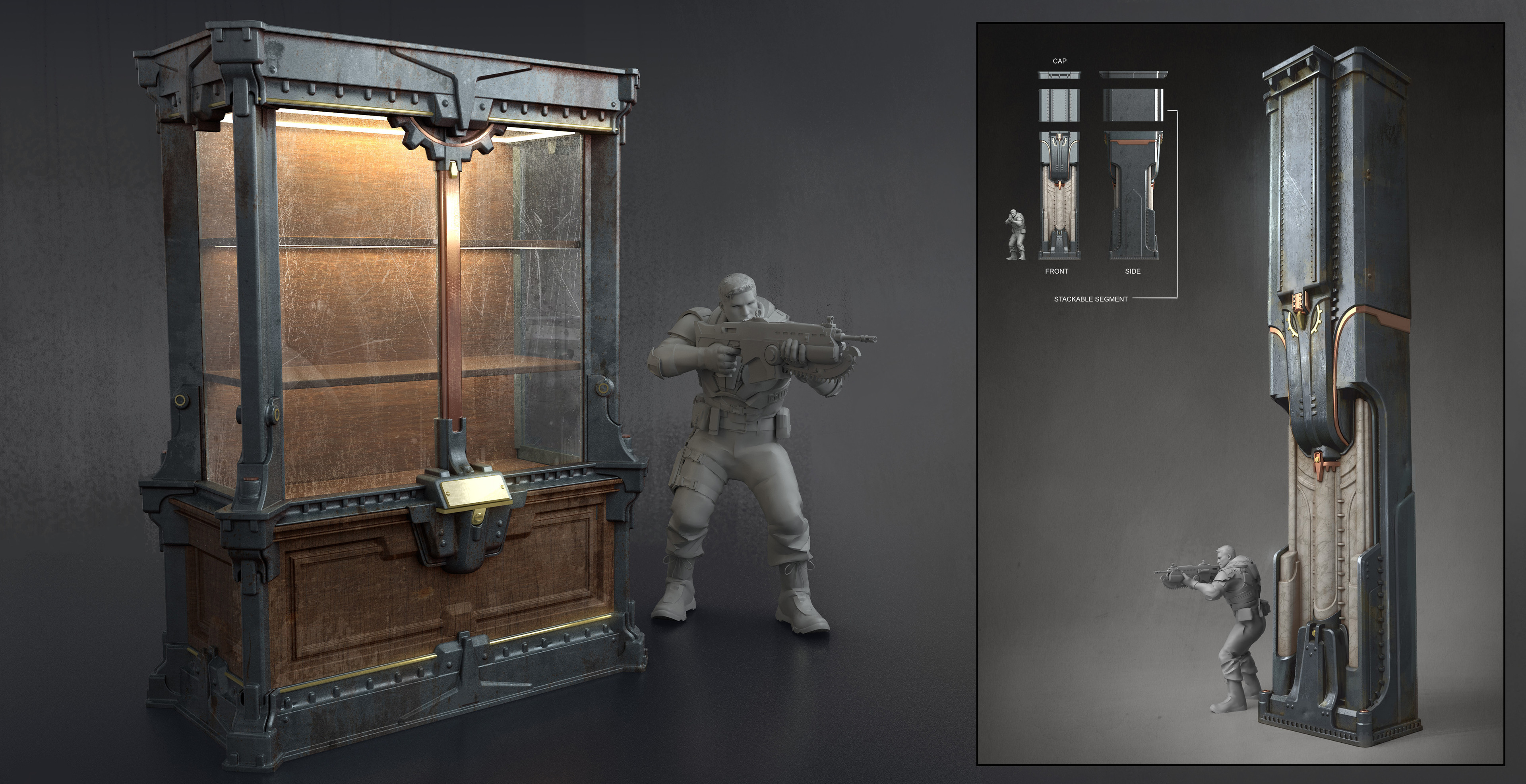 Modular props that had to be reused throughout Museum. The display case had to be fit to a huge assortment of cover shapes if needed.