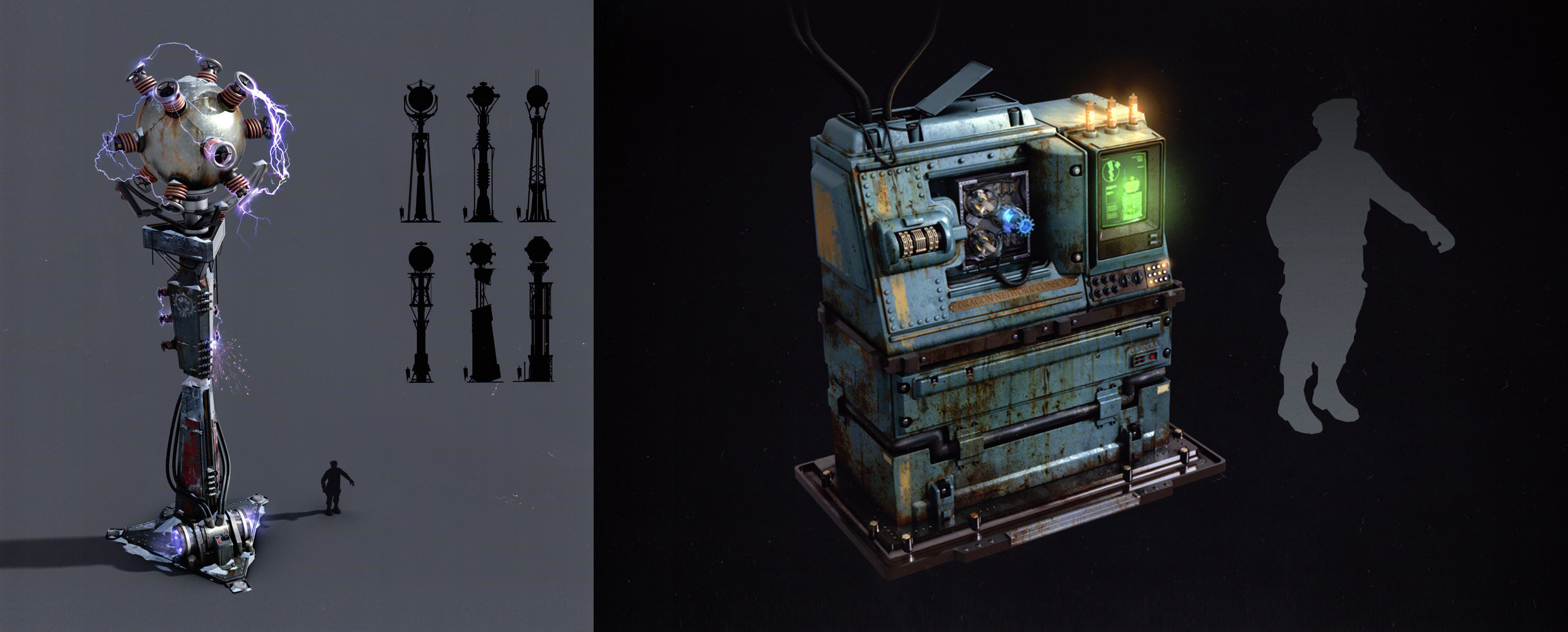 Left: A tesla tower for zombies that shocked the player if they got too close. Right: Another quest prop for the player to interact with.