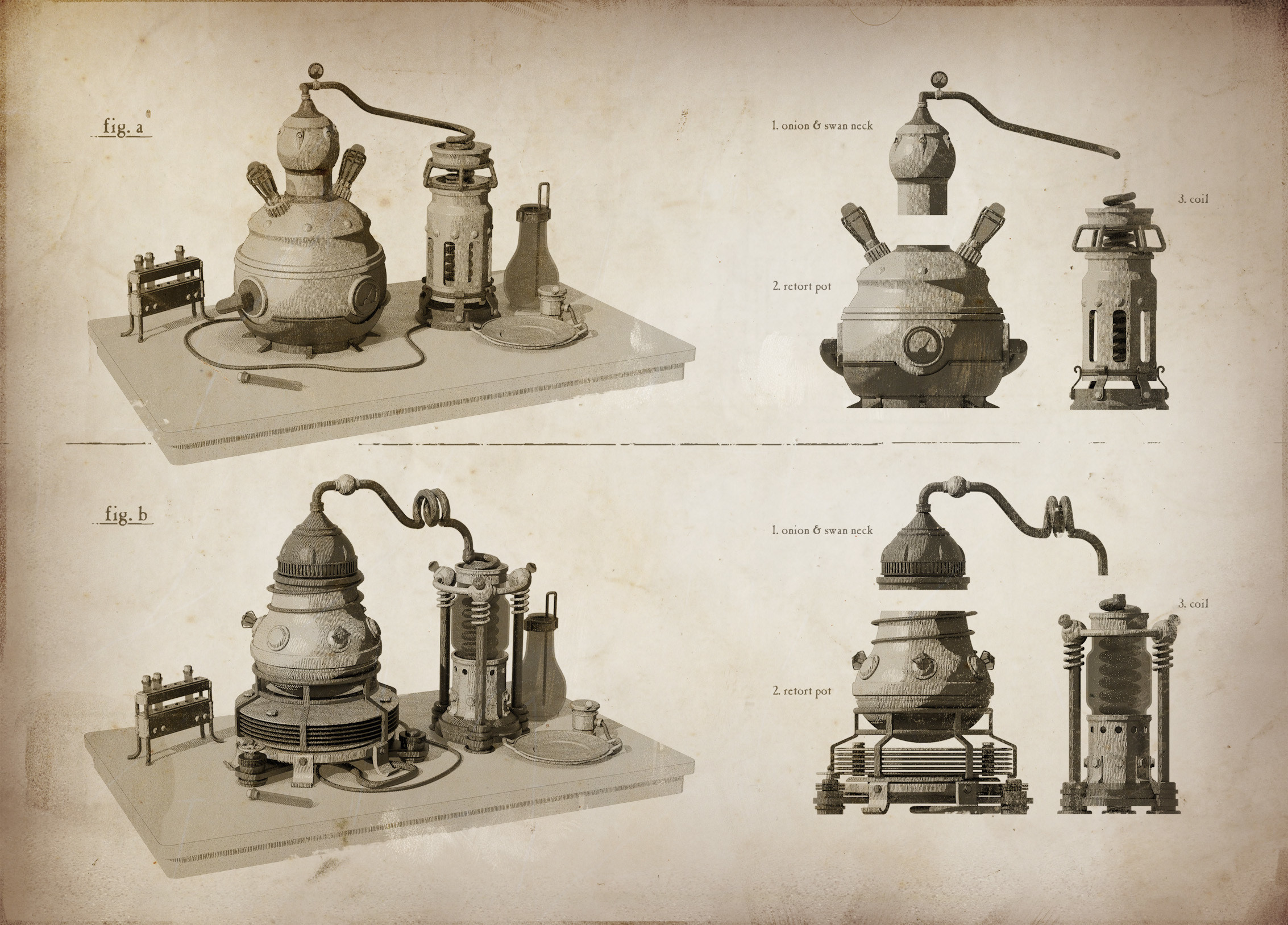 Alchemical prop ideas for a quest. The 3 parts needed to be found separately throughout the map.