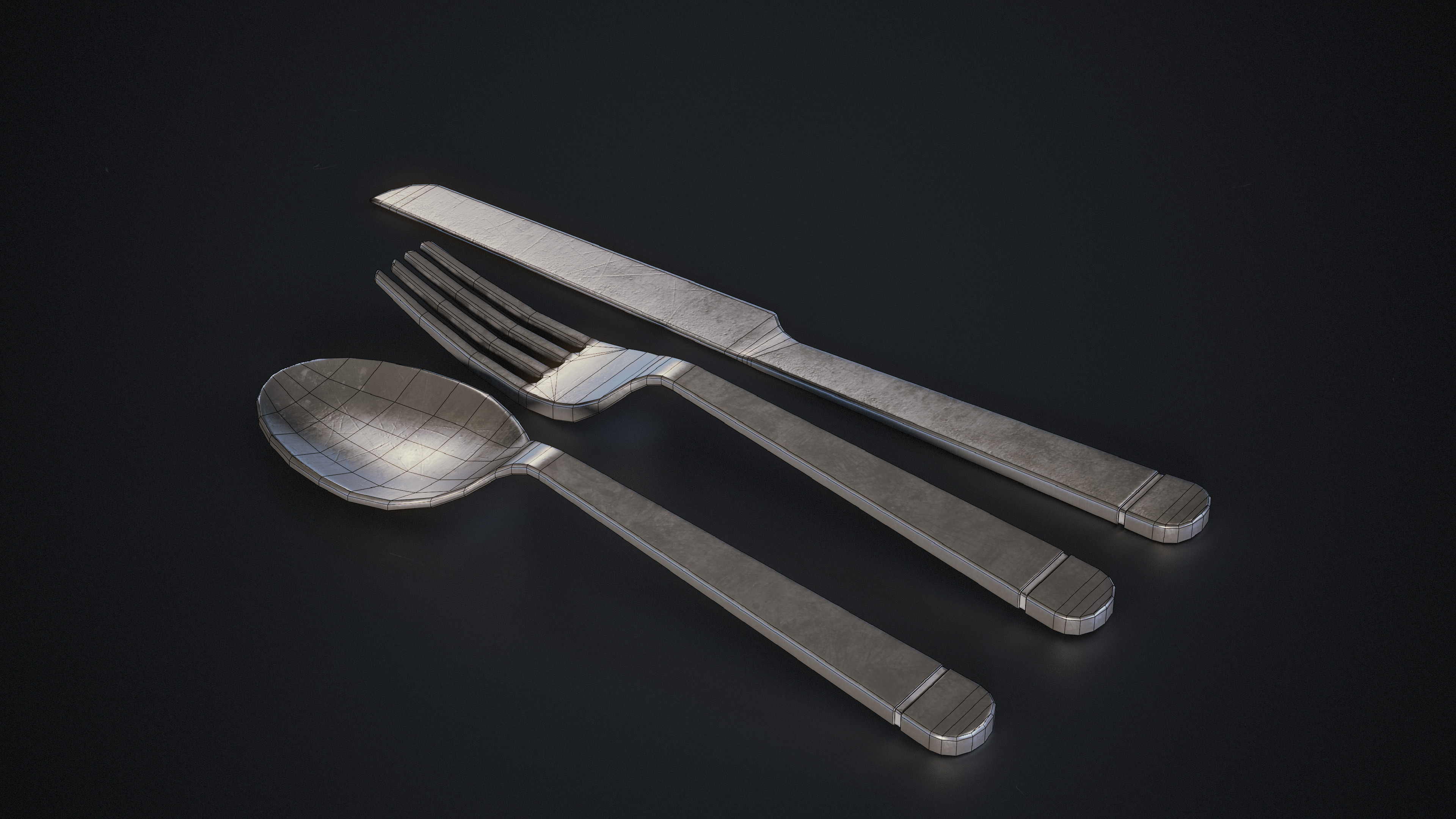 Spoon - 532 tris
Fork - 696 tris
Knife - 308 tris