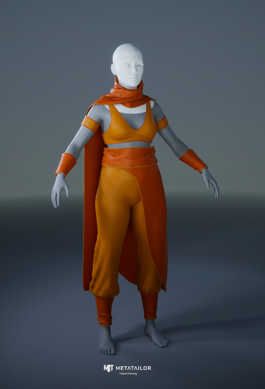 MetaTailor. The garment was exported for testing inside MetaTailor, which is excellent for fitting garments created with Marvelous Designer onto any-sized bipedal character.