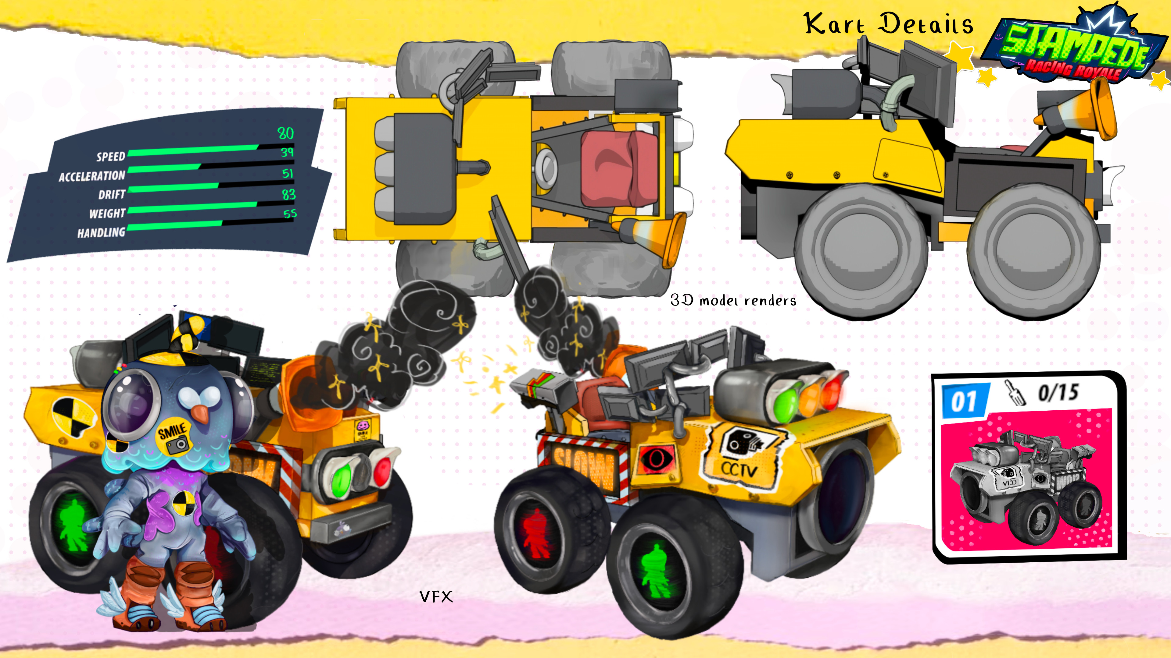A couple callouts to show VFX and alternate profiles of the Kart