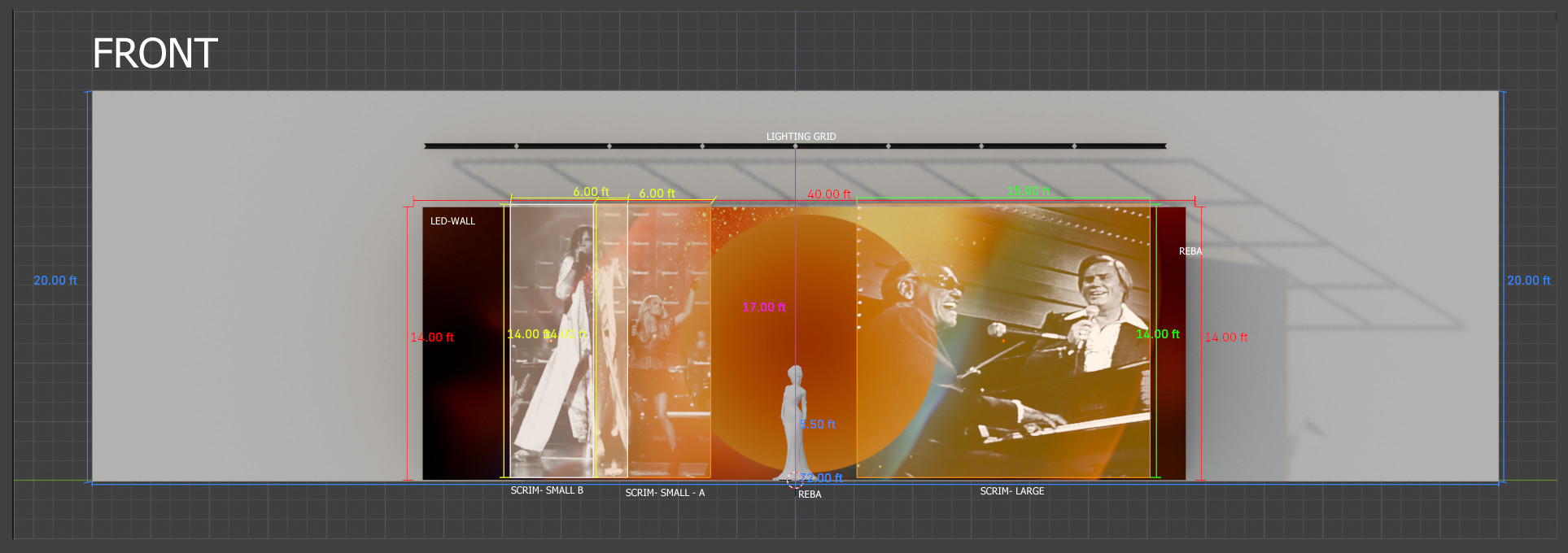 Front: View of set Design/ LED WALL and projection Scrims.