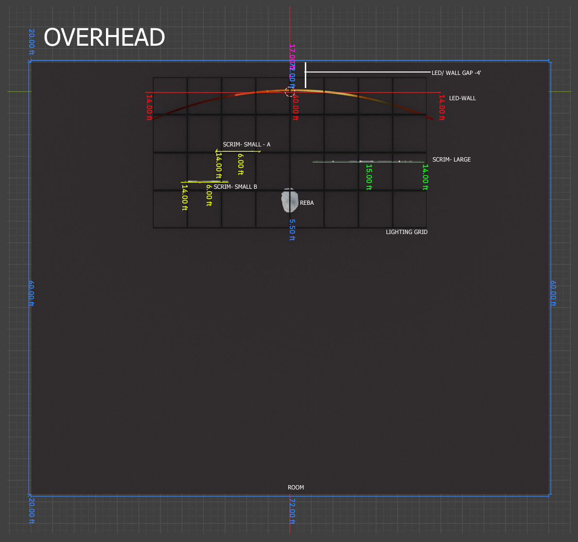Overhead: View of set Design/ LED WALL and projection Scrims.