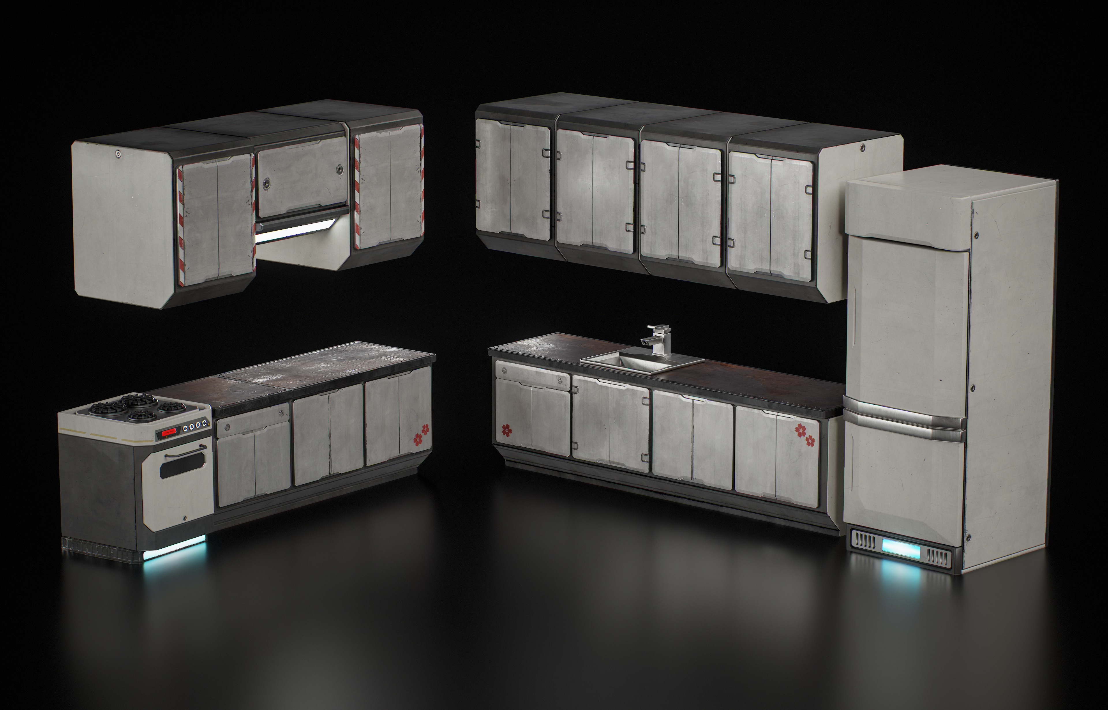 Example of the kitchen modules, using only 3 Trim materials and 1 emissive light material