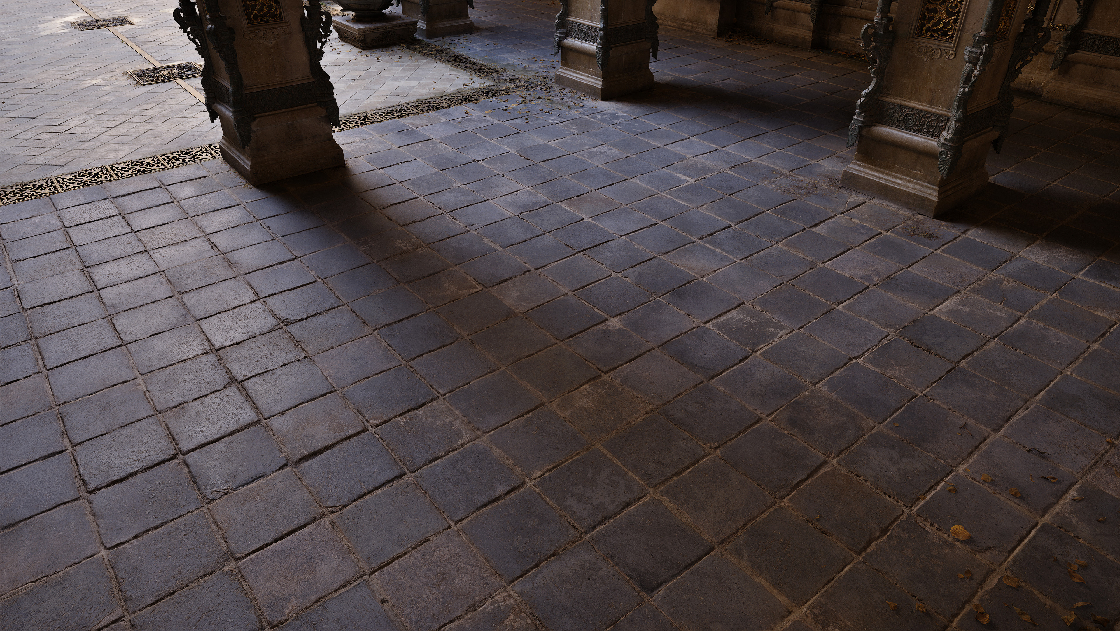 Derk Elshof made all these awesome square/diamond grid stone floor textures for Sponza and Greenhouse levels. I was only responsible for displacement + polyreduction + material blending setup