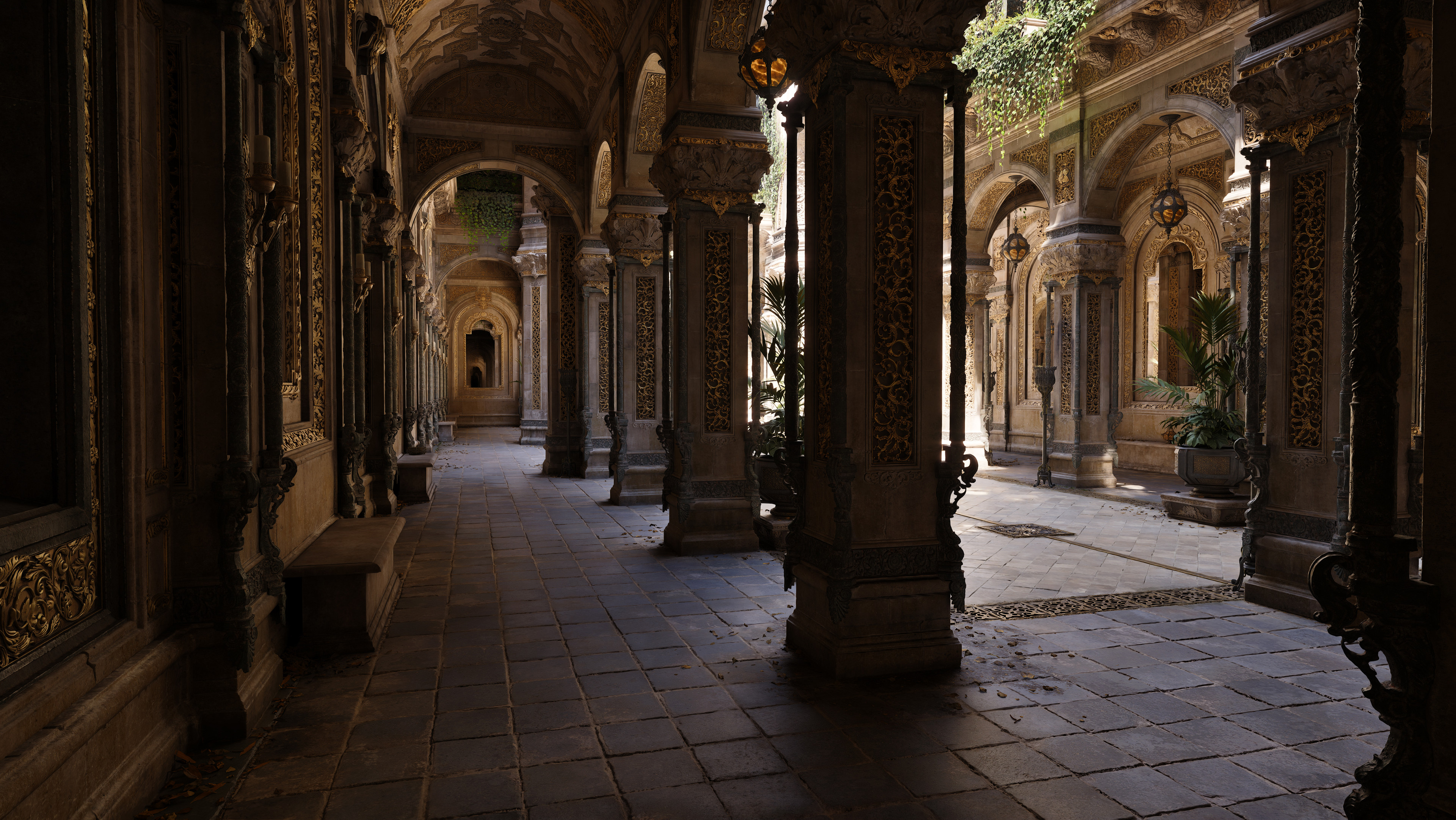 Derk Elshof made all these awesome square/diamond grid stone floor textures for Sponza and Greenhouse levels. I was only responsible for displacement + polyreduction + material blending setup