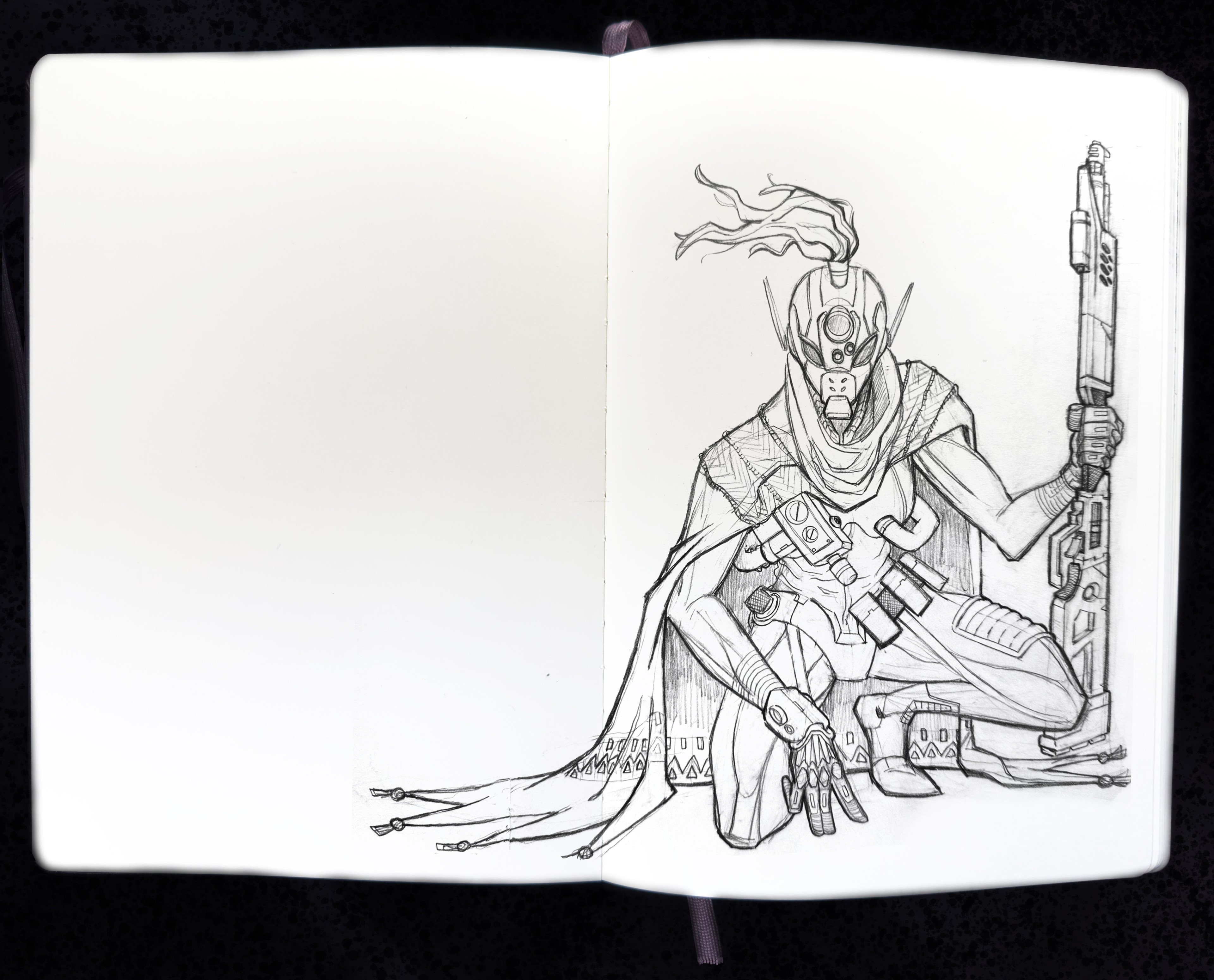 Drawn in pencil: Vigilant number 253 examining tracks left behind by one of the corrupted.