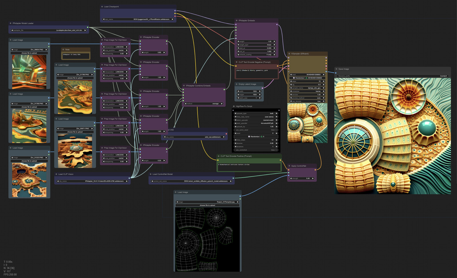 ComfyUI Workflow.  The 5 images on the left are influencing the palette/style of the final outcome.  The black image on the bottom is the UV map.  The yellow box near the right is the KSampler, the "heart" of the system that actually does the generation. 