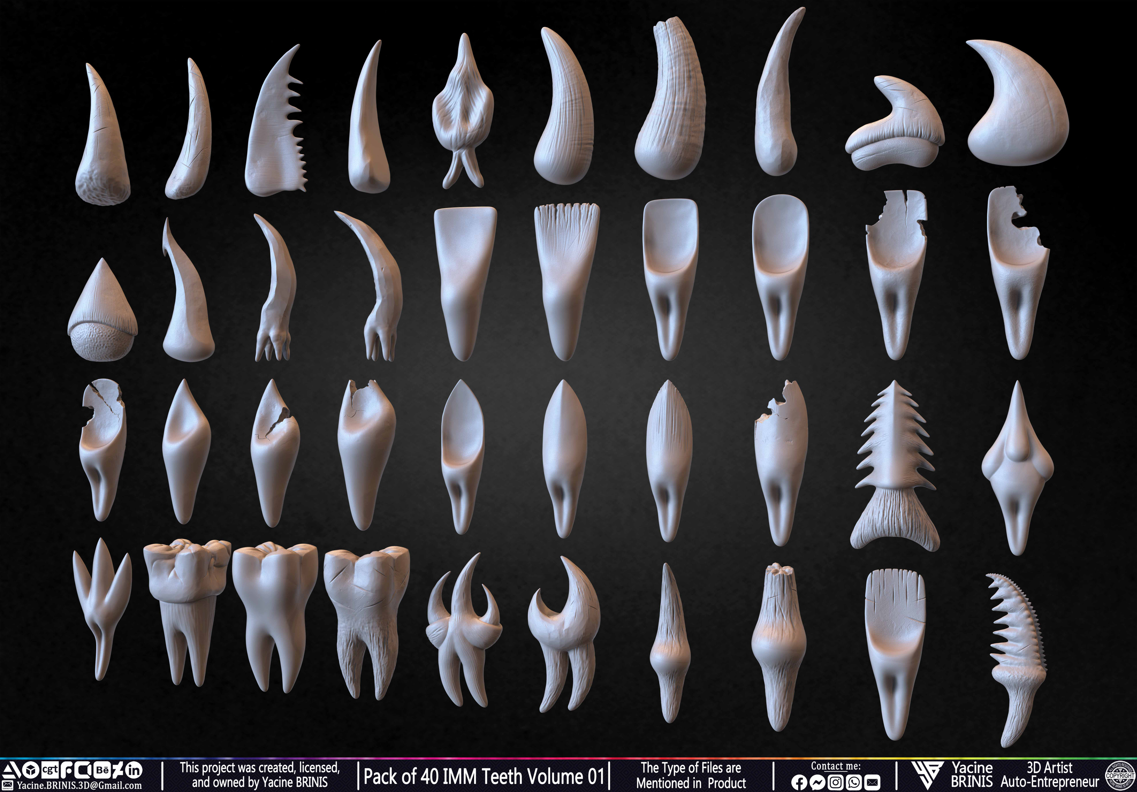 Pack of 40 IMM Teeth 3D Models for Humans Animals and Creatures Volume 01 Sculpted By Yacine BRINIS Set 004