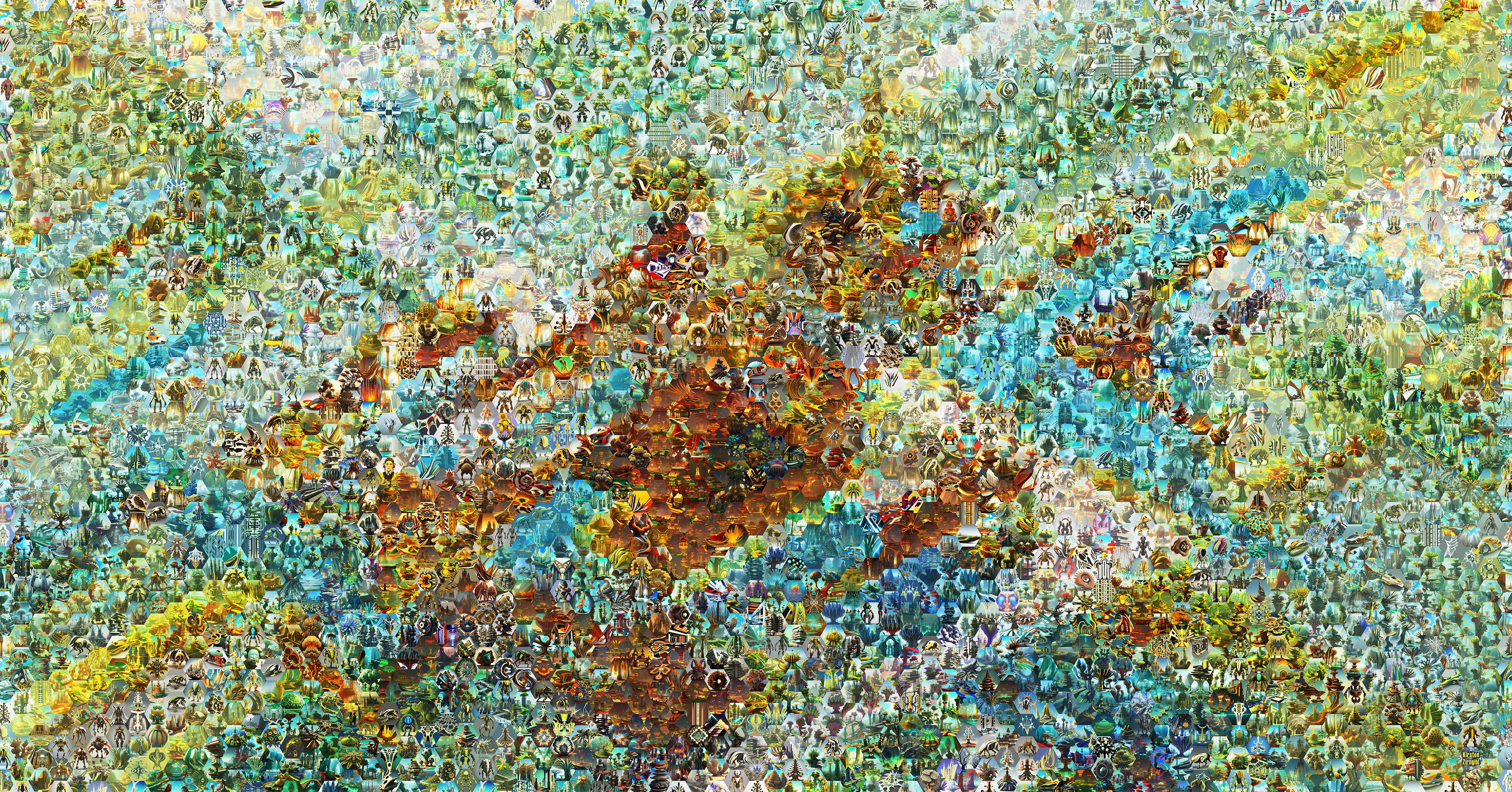 At 2,694 unique tiles and 25,000 pixels, this piece displays just a fraction of the works in this series, generated in early 2023.  They further explore the design language of Synthara, my ongoing far-future science fiction world.  
