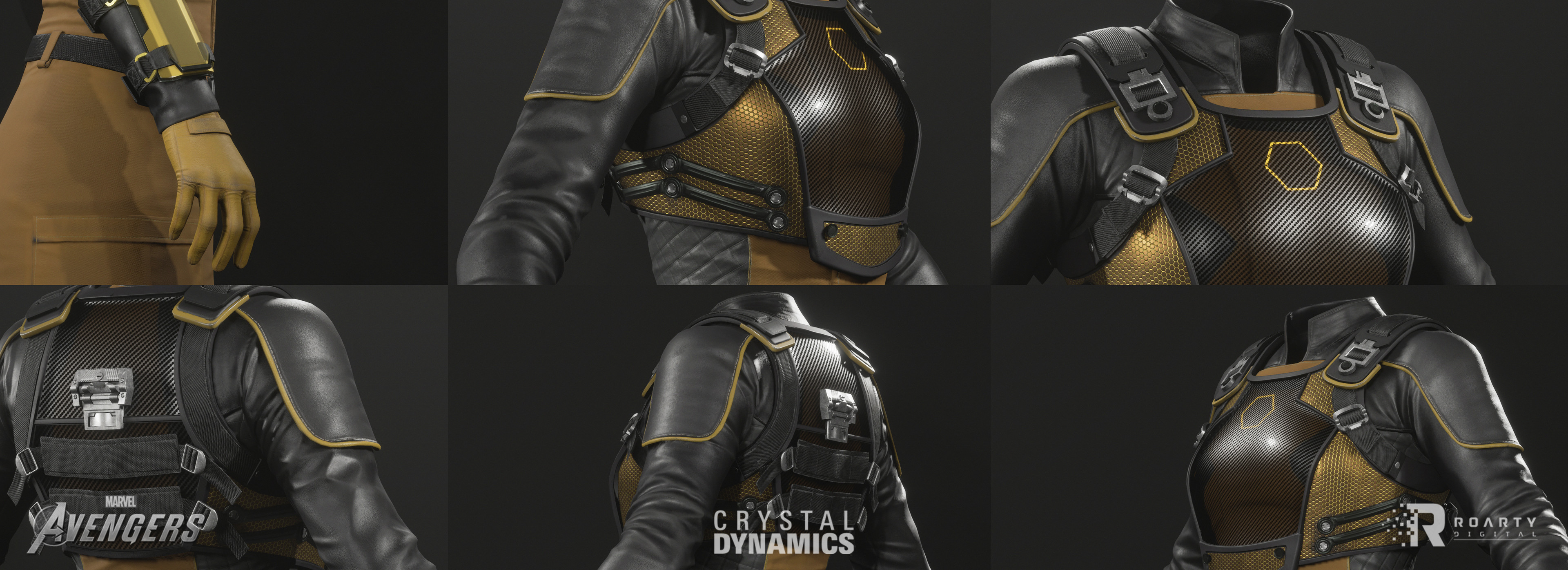 I worked on the HP/LP/Bakes for the armor, gloves, glasses, straps and parts of the vest that would interact with the said pieces. The other areas of the model were done by another artist.