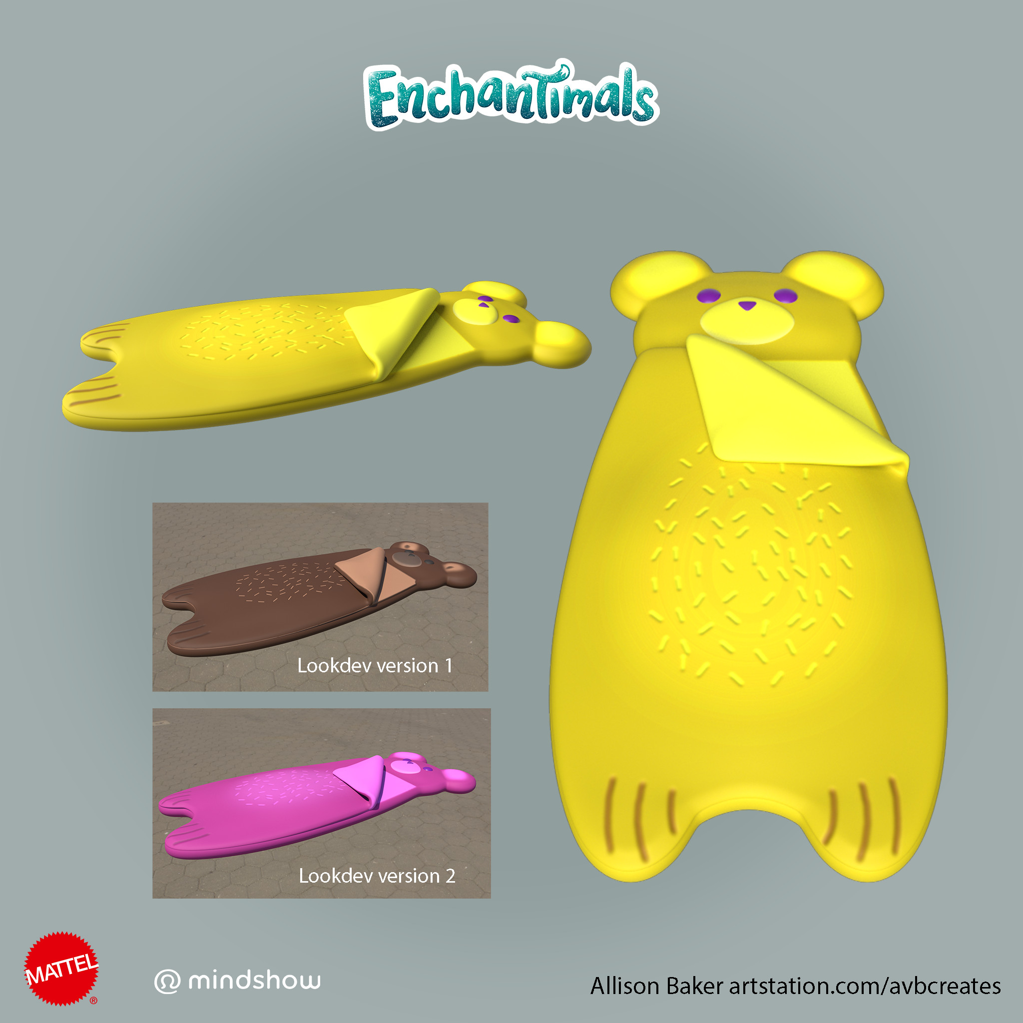 Bear Sleeping Bag. This asset went through a few iterations as the campsite design was finalized. Model and v1/v2 lookdev by me. Final lookdev by Yvon Wong.