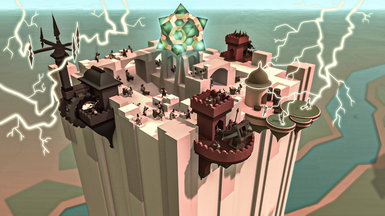 A paintover of the tower top showing a lightning attack, one of the many perils faced by the builders.