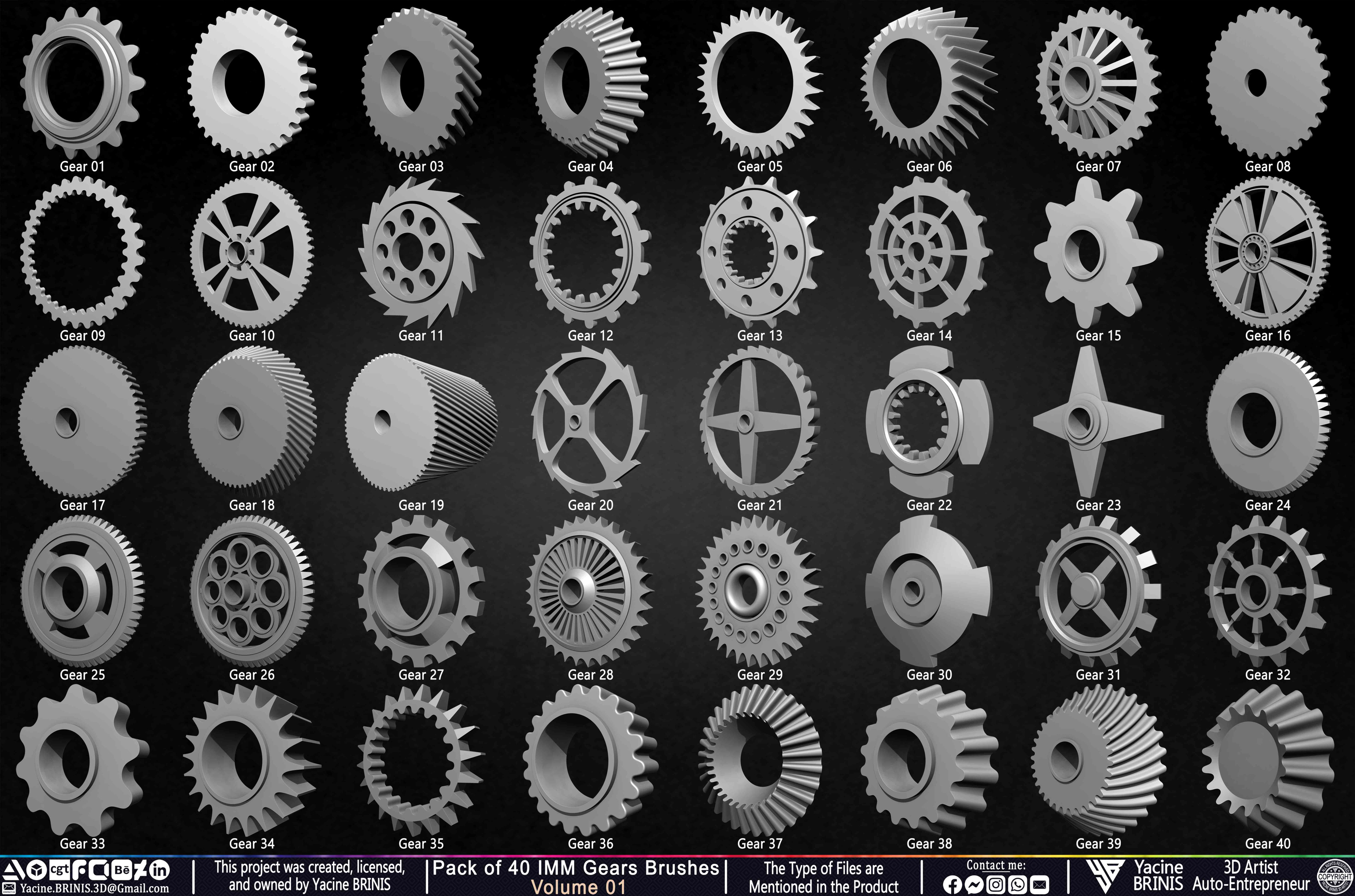 Pack of 40 IMM Gears Brushes and Kitbash Volume 01 Sculpted by Yacine BRINIS Set 002