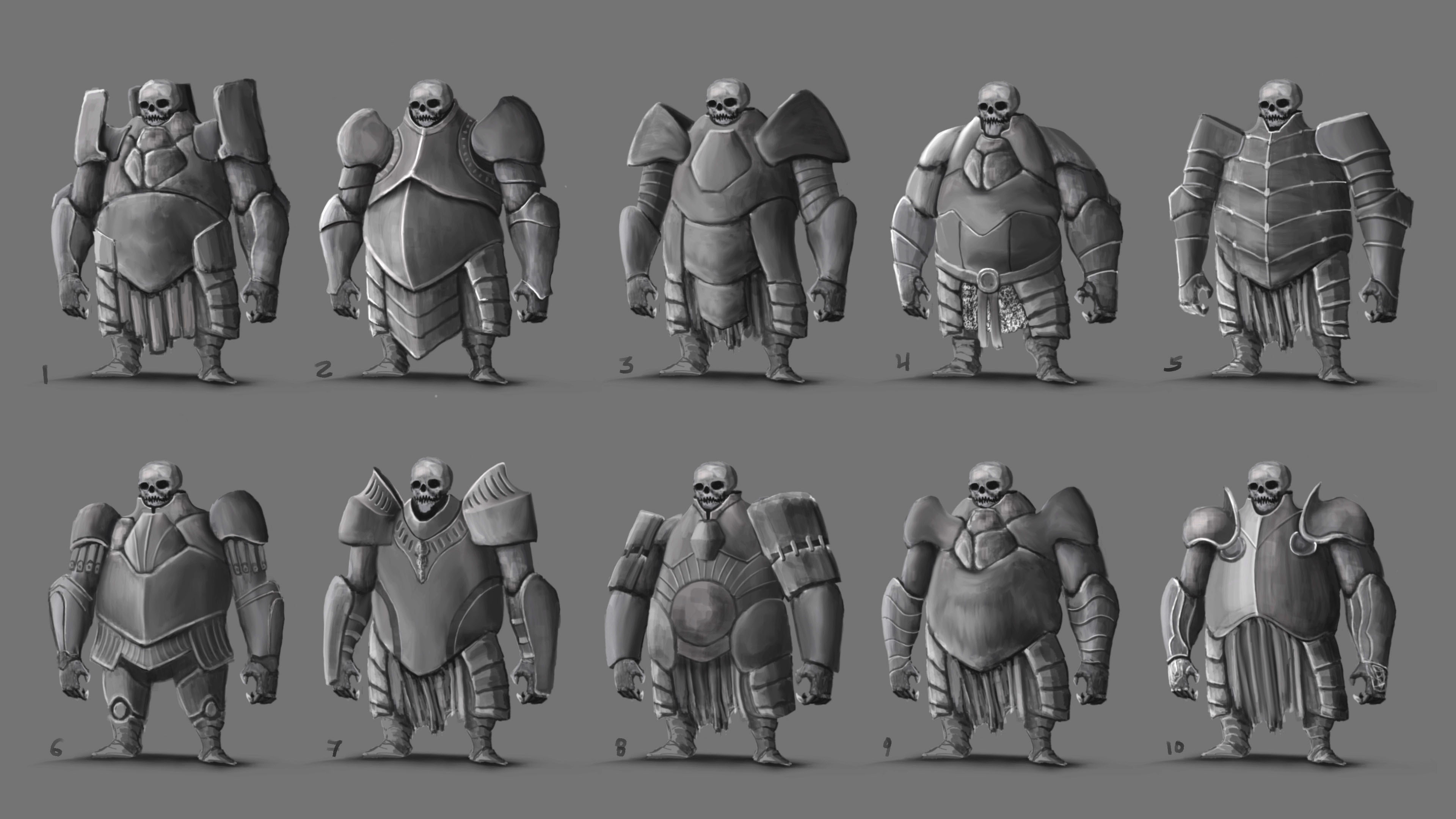I chose a skull silhouette as my base idea because I found it interesting. I began to develop the idea further with different iterations on the armor, looking for something that would give it a certain air of leadership or nobility.
