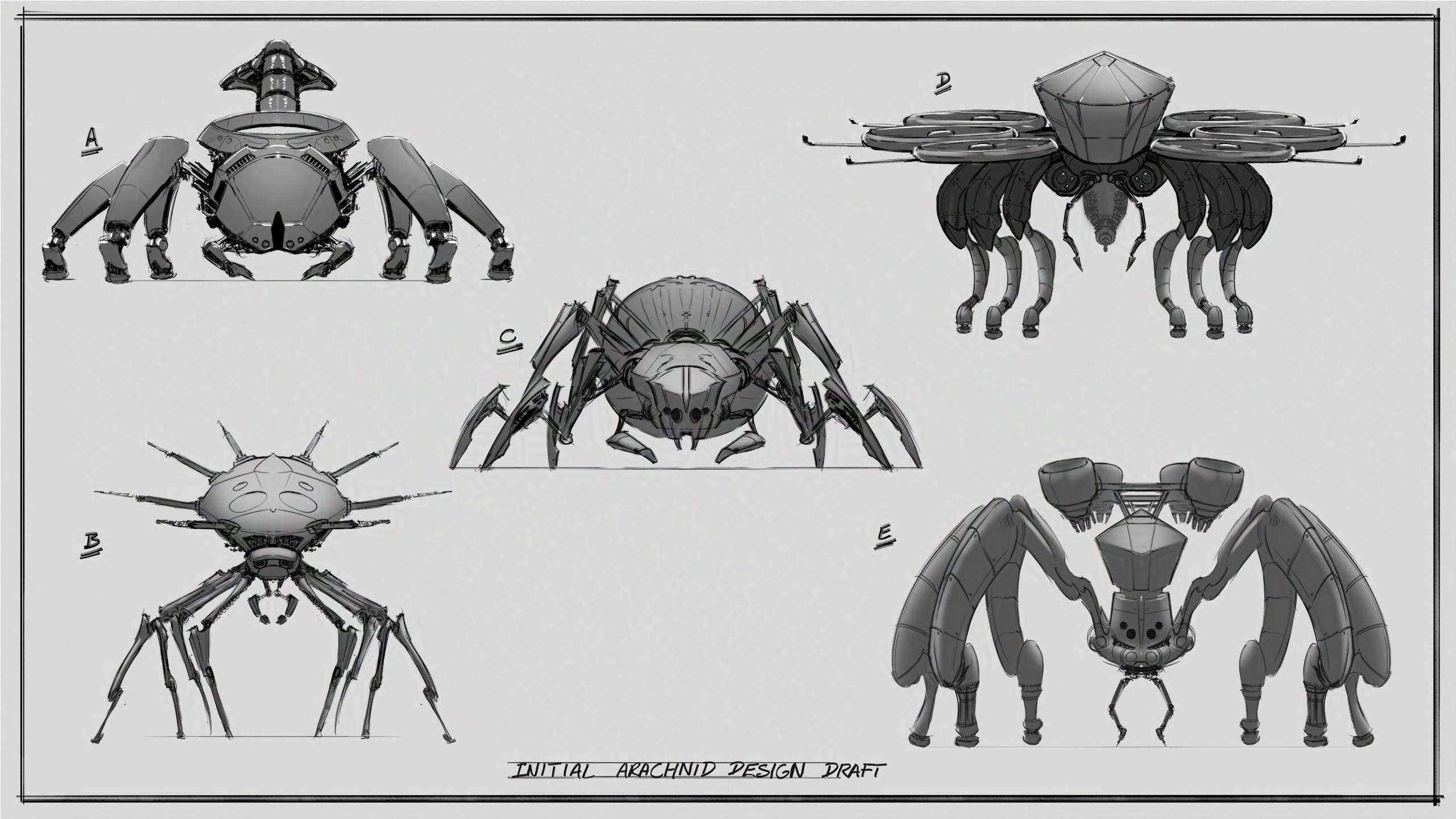 Arachnid AI Drone Initial Sketches.
They were too insect-like, so they never got developed further.