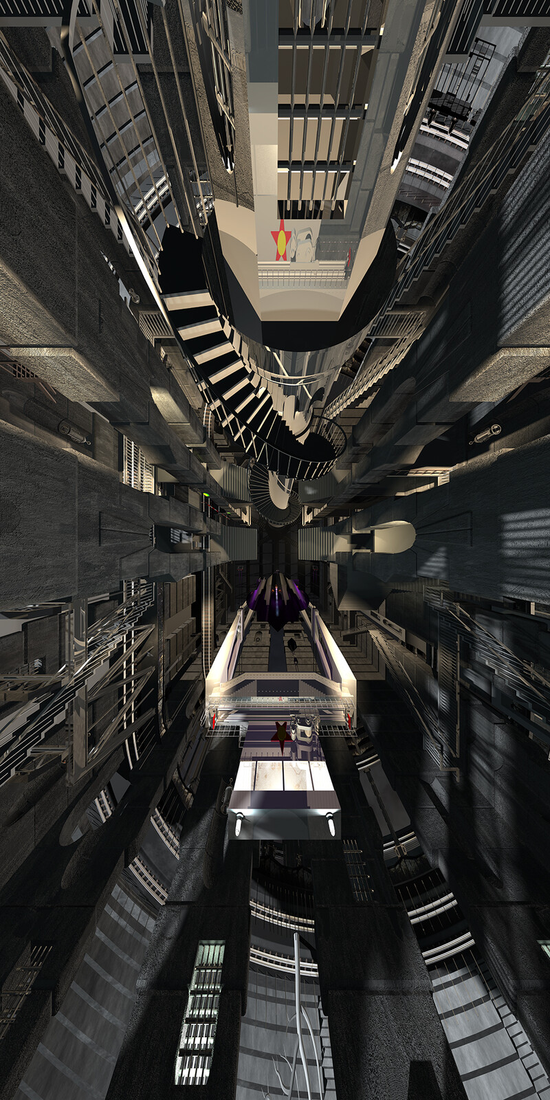 An extreme wide-angled shot looking down at the space of the Carceri