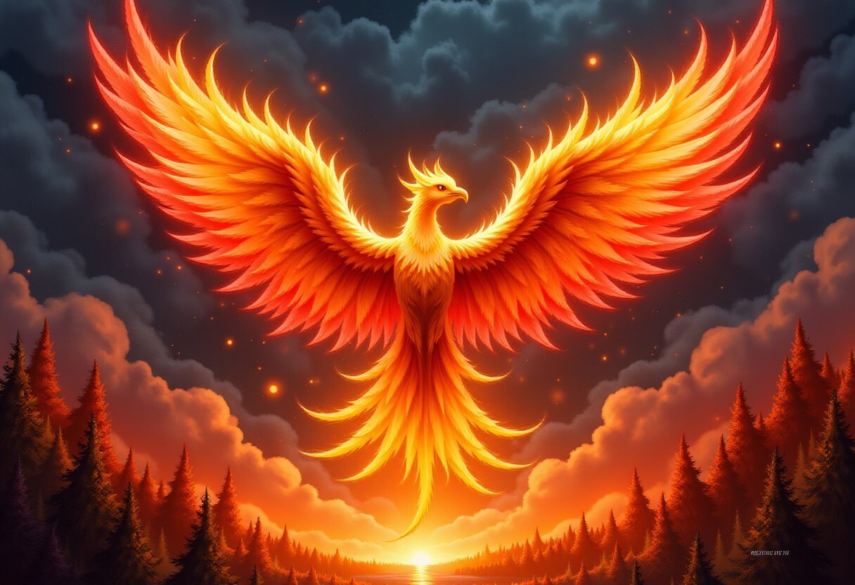 ArtStation - A vibrant phoenix rising from flames, symbolizing rebirth