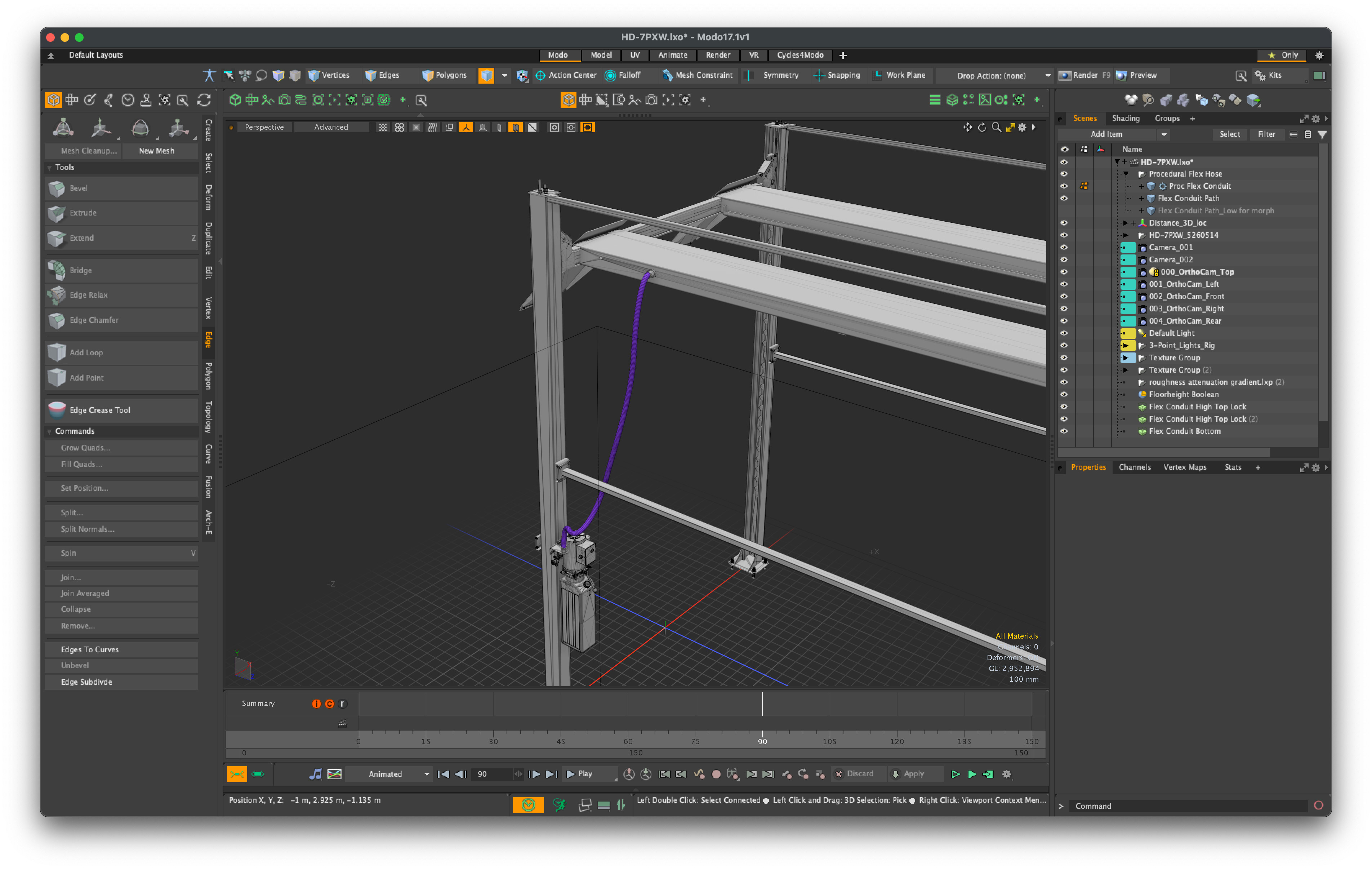 Procedural Flex-tube - Use-case: multiple positions needed for a given lift with flex-tube correctly connected: CAD flex tube of course is static and geometrically incorrect.  