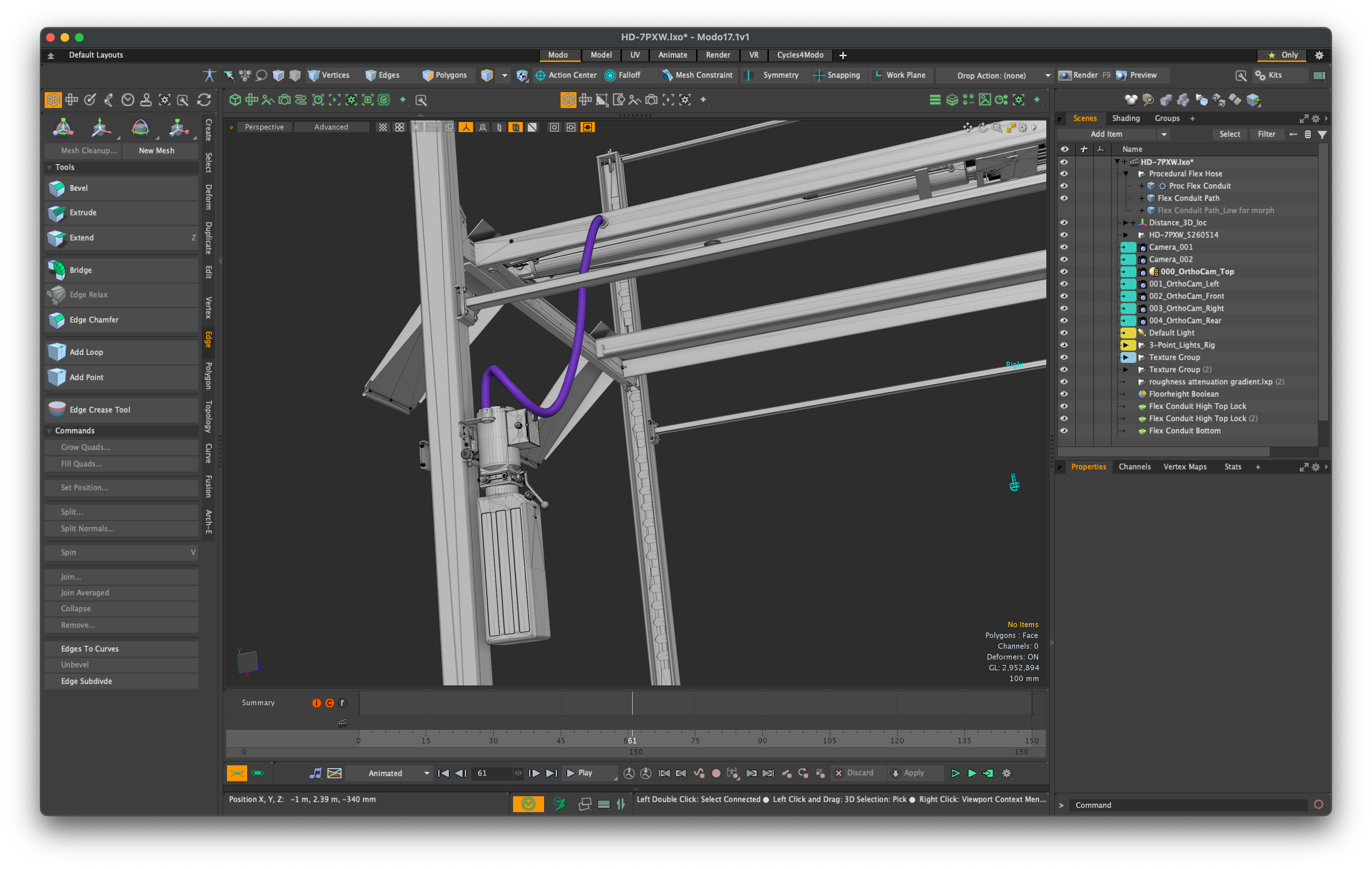 Procedural Flex-tube - Use-case: multiple positions needed for a given lift with flex-tube correctly connected: CAD flex tube of course is static and geometrically incorrect.  