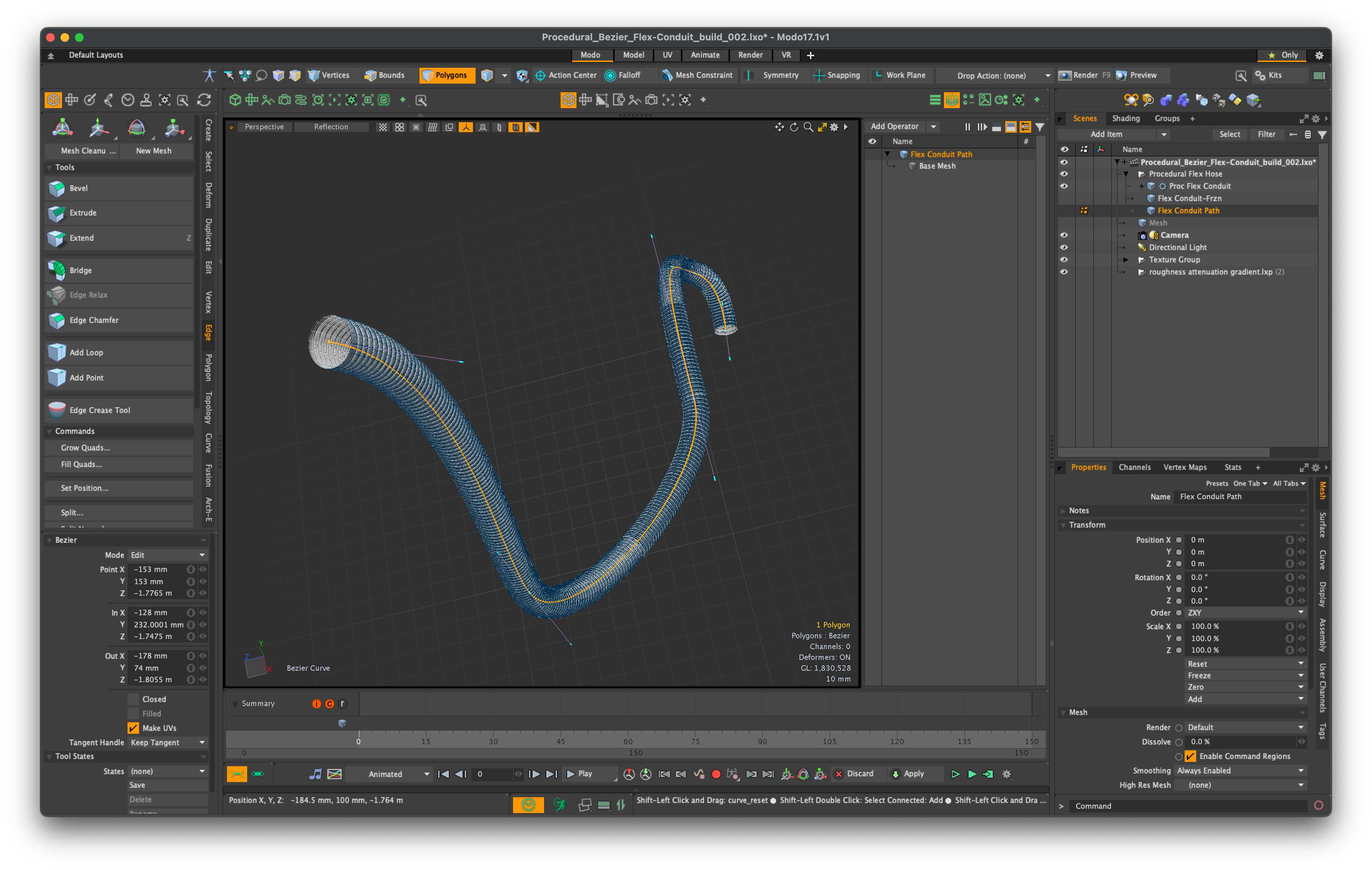Procedural Flex-tube development: geometry controlled by bezier curve