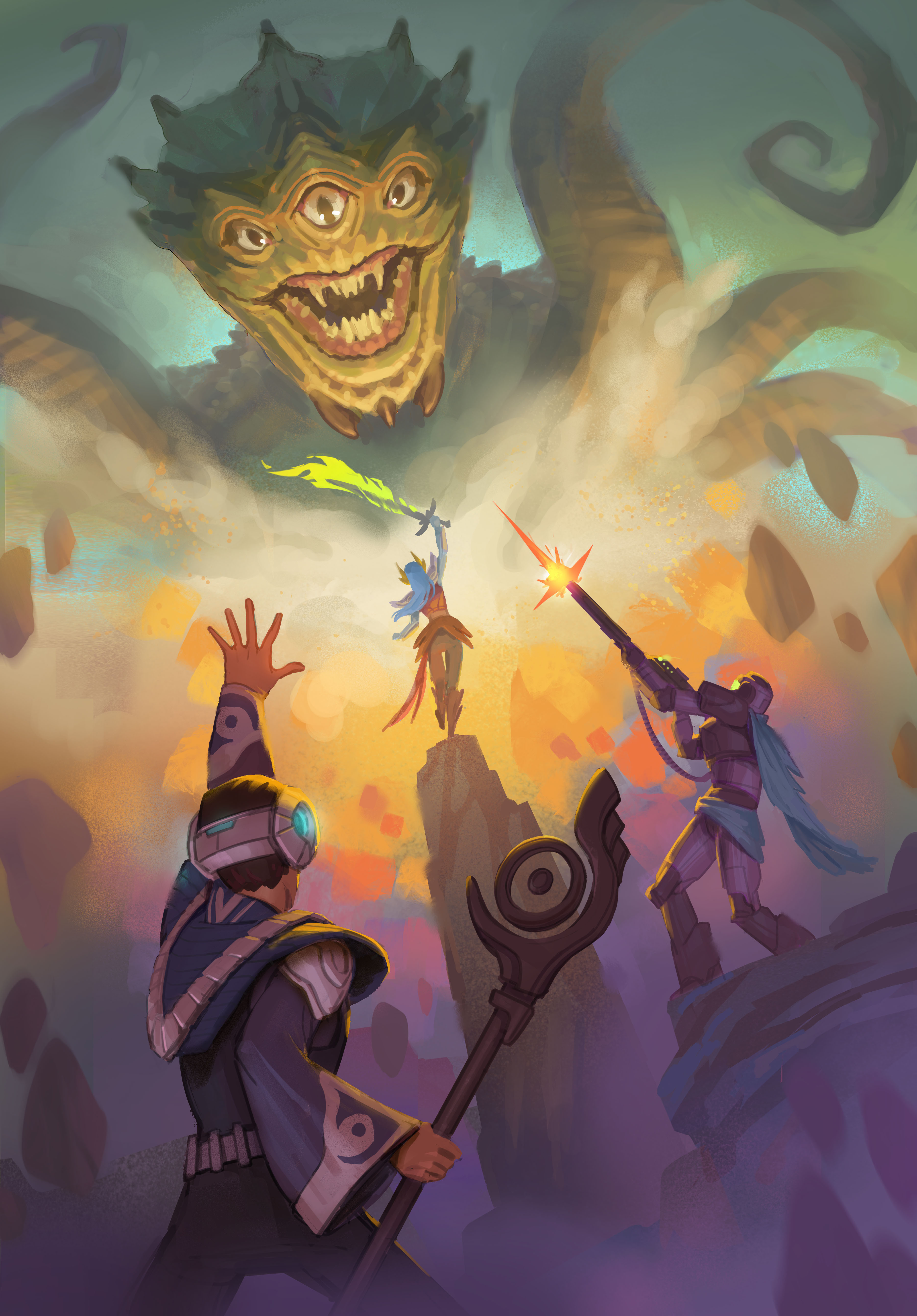 This key art was created to show off three primary character classes: A high-tech mage, a gunner, and a melee swordfighter.