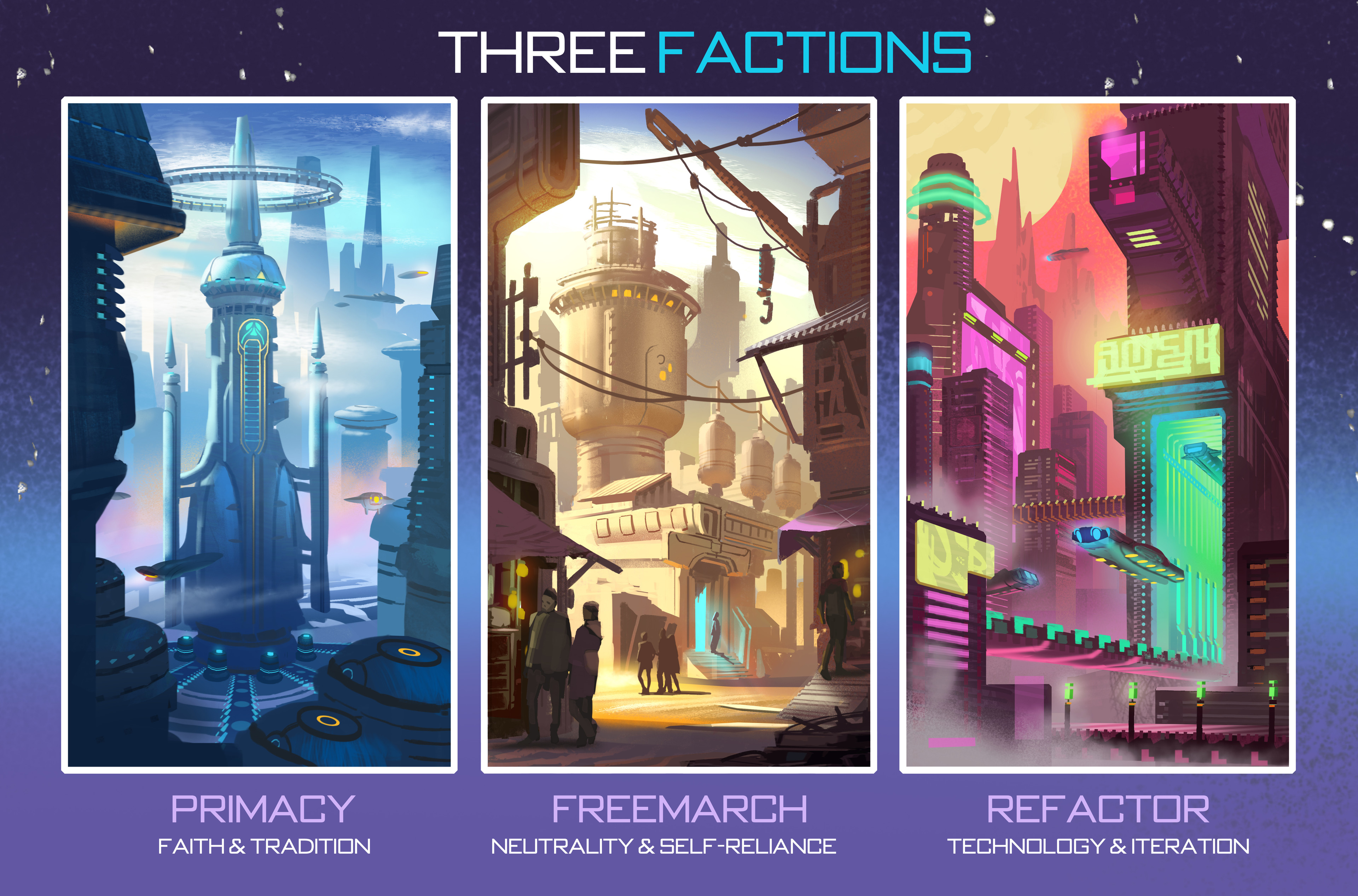 These vertical environment paintings were created to represent the home worlds of the game's three main factions.