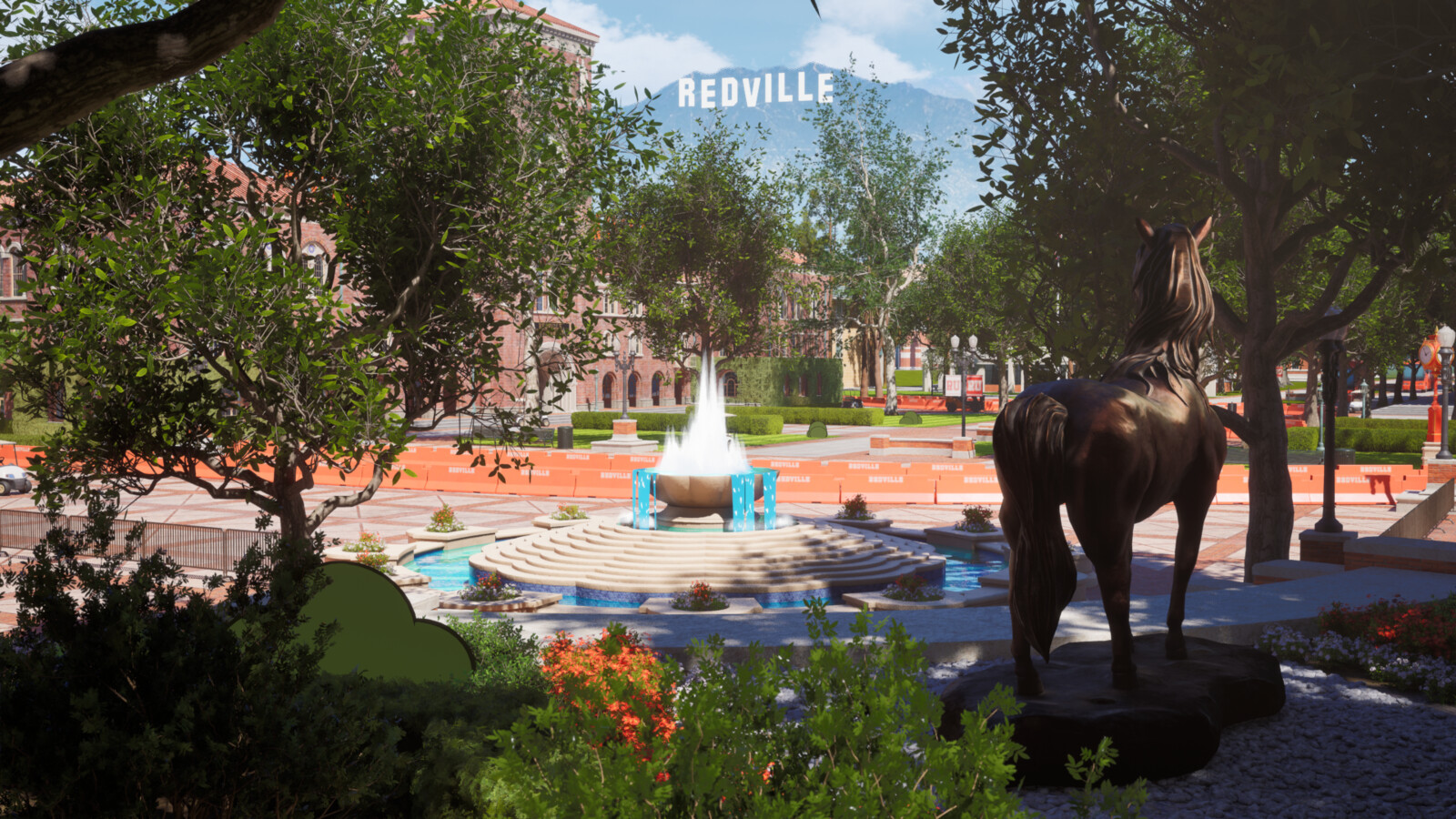 Redville Square Fountain &amp; Bronze Mascot