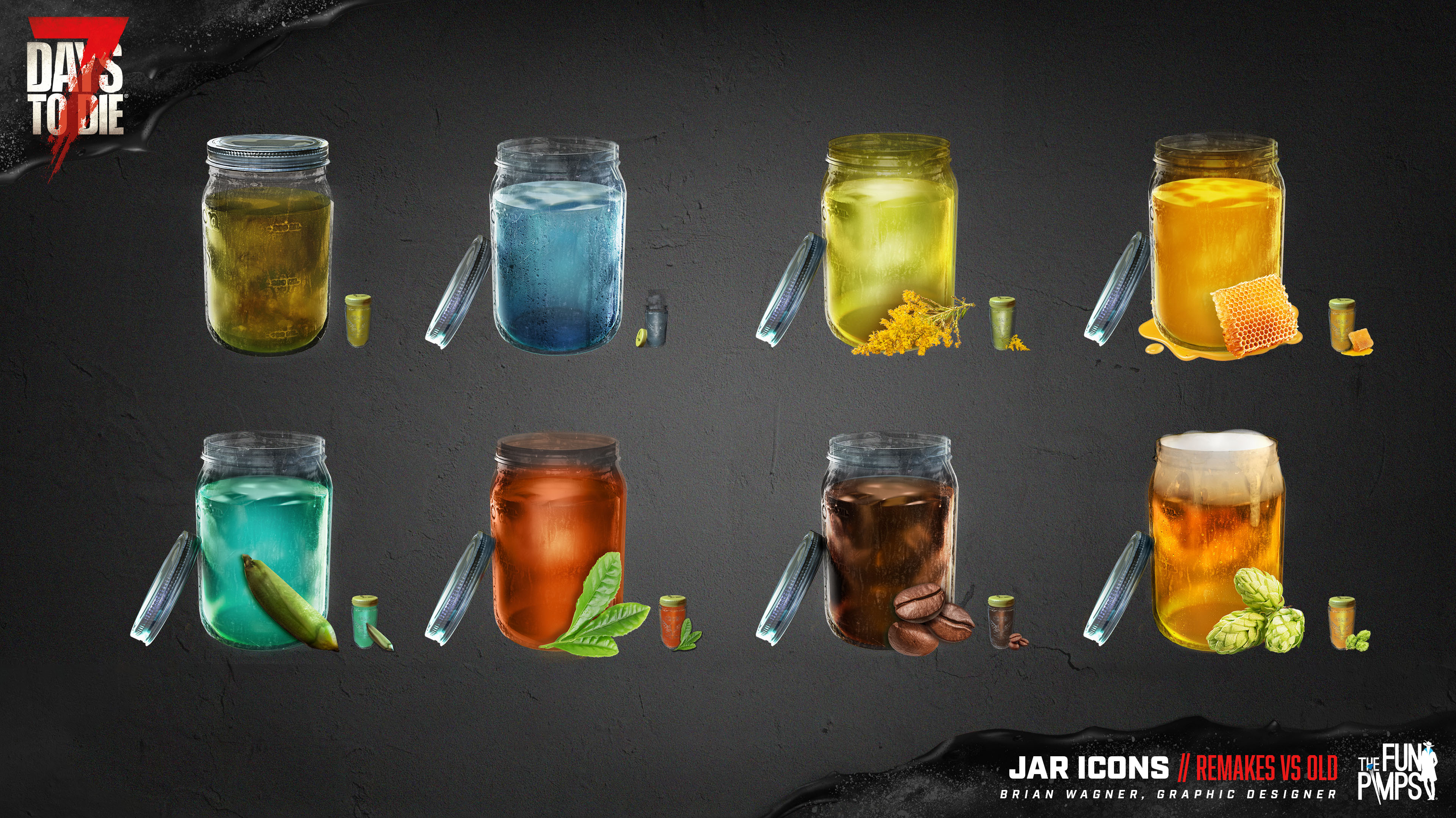 Compilation of all of the drink icons, from left to right - Dirty, Purified, Goldenrod Tea, Honey, Yucca Fruit Tea, Red Tea, Coffee, and Beer.