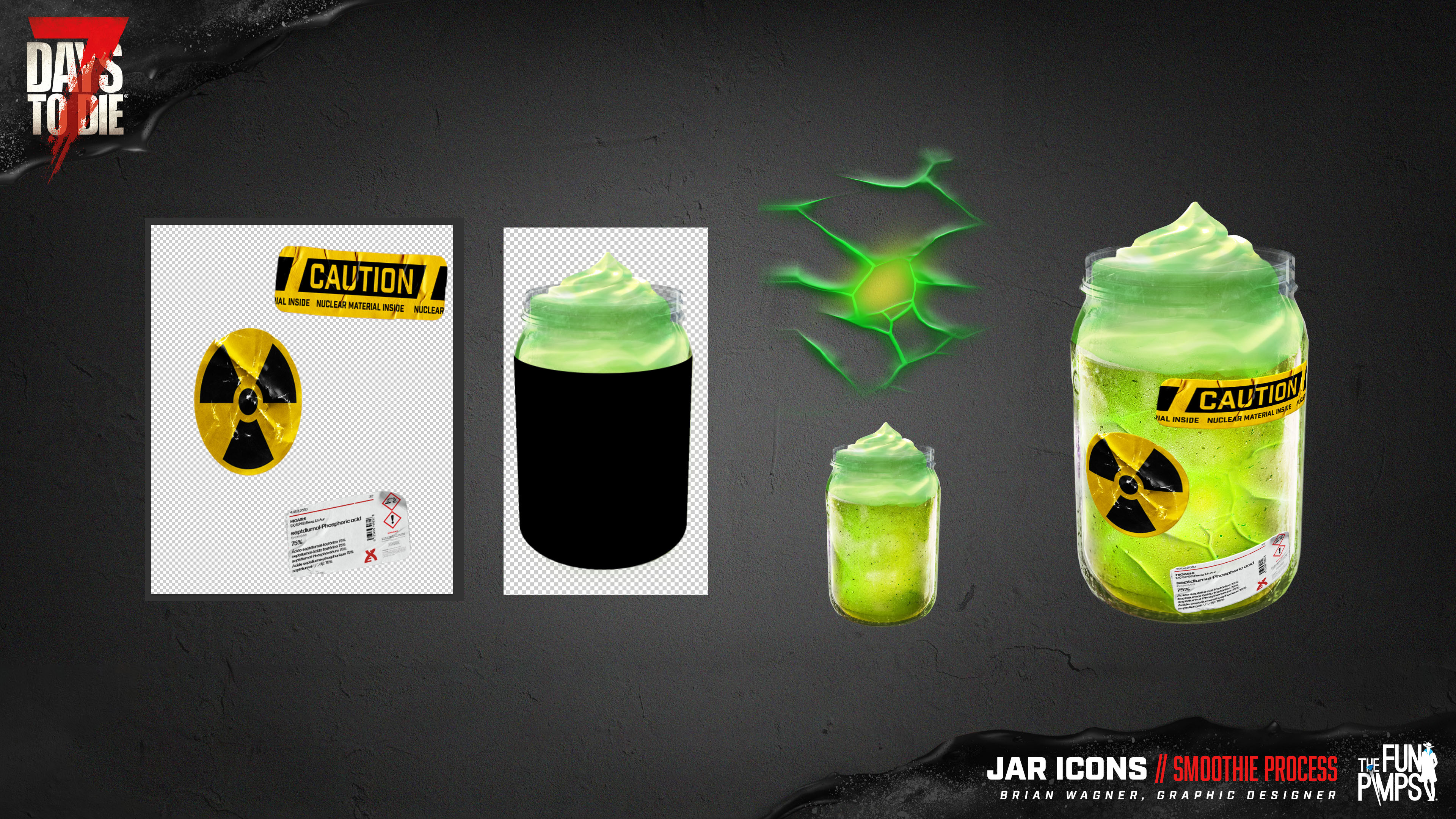 I reused some of my work for MEGACRUSH Energy drink, and utilized a photoshop trick to distort a smart object around a cylinder, giving the illusion of 3D wrapping stickers.