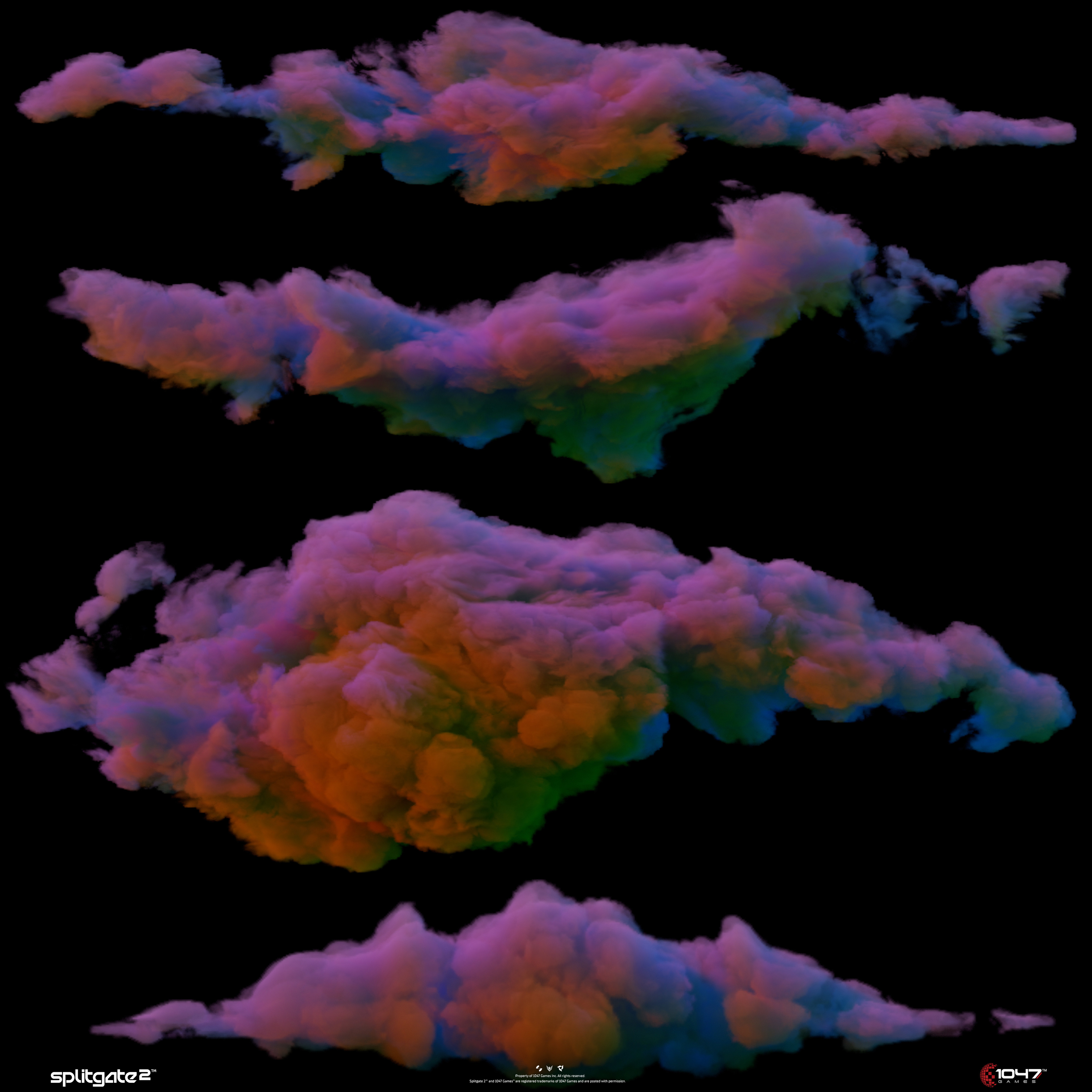 An example of the cloud atlas textures I put together for use in both arena and battle-royal game modes. Cloud VDB's were generated inside Houdini and rendered out using Karma.