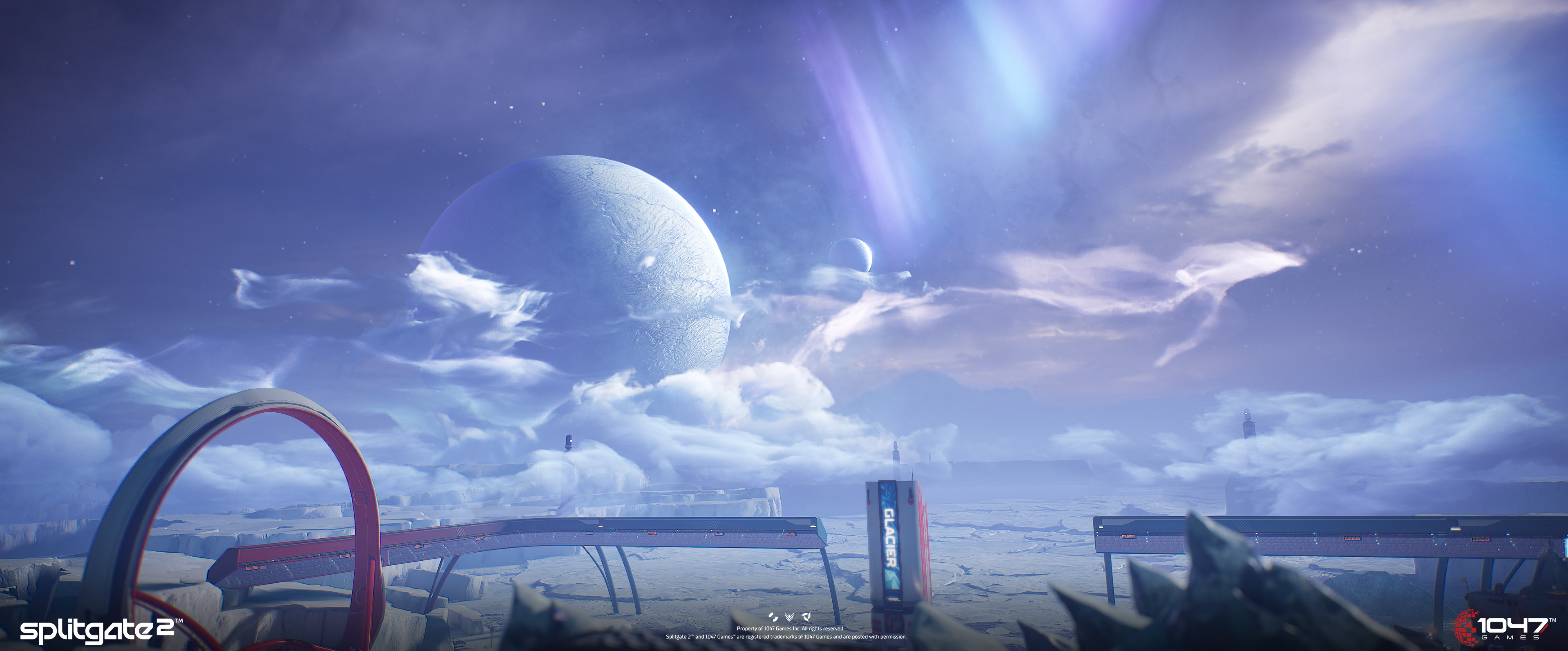 Skybox composition for the map, "Glacier". Responsible for all aspects and dynamic vista elements, such as aurora borealis and cloud shaders.