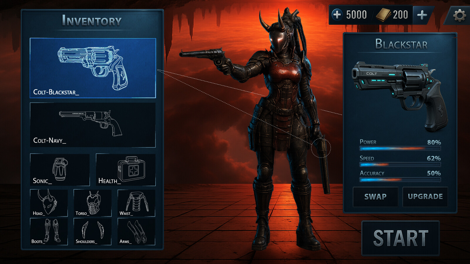 Inventory &amp; Weapon Upgrade UI:
Interactive inventory screen with blueprint visuals, part categories, and stat-based weapon customization. Designed for clarity and visual flair in a sci-fi loot system.