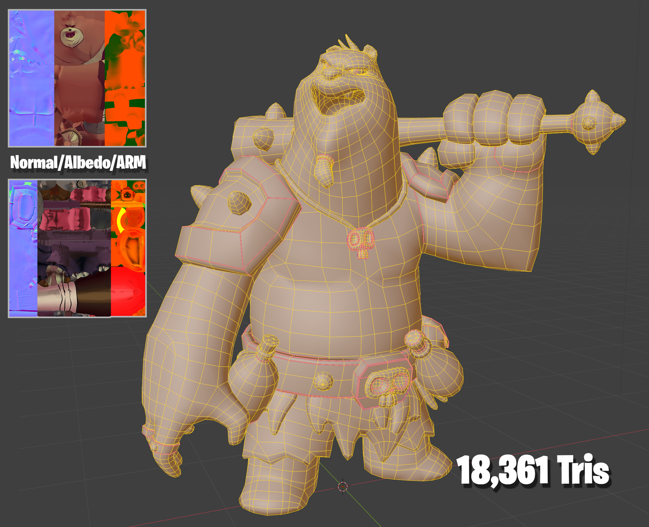 Showcasing the topology and Tri account, along with a quick view of the texture maps.