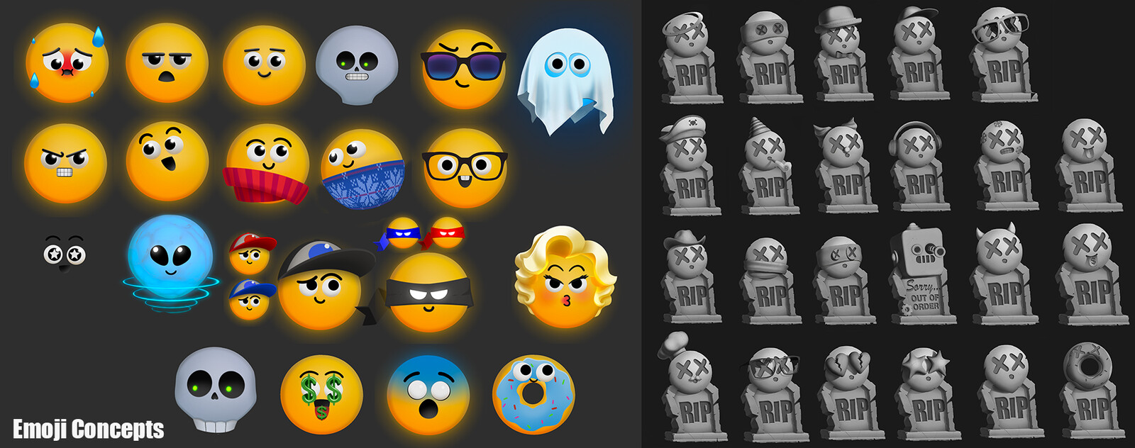 Early emoji concepts as well as grave concepts for when a players emoji dies on the board.