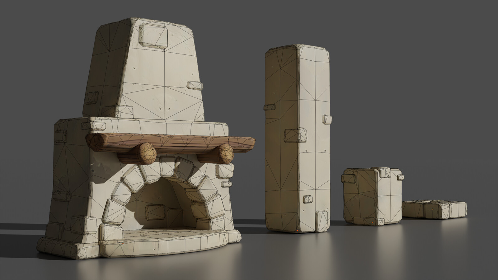 Modeled + sculpted + retopo in Blender. LOD0 = 5761 tris (for all parts together). 2 sets of materials (oven, all the chimney parts). Base plaster material created in Substance Designer, projection + high poly bake in Substance Painter.