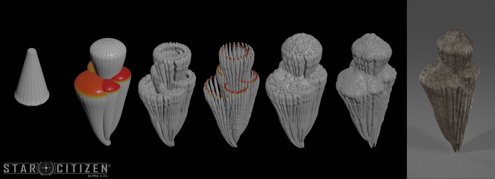Creation of a wall-mounted stalactite: starting from a simple input, the tool generates mid-sized tubes, which then branch into more detailed geometry before being merged into a VDB. The final result is shown on the far right